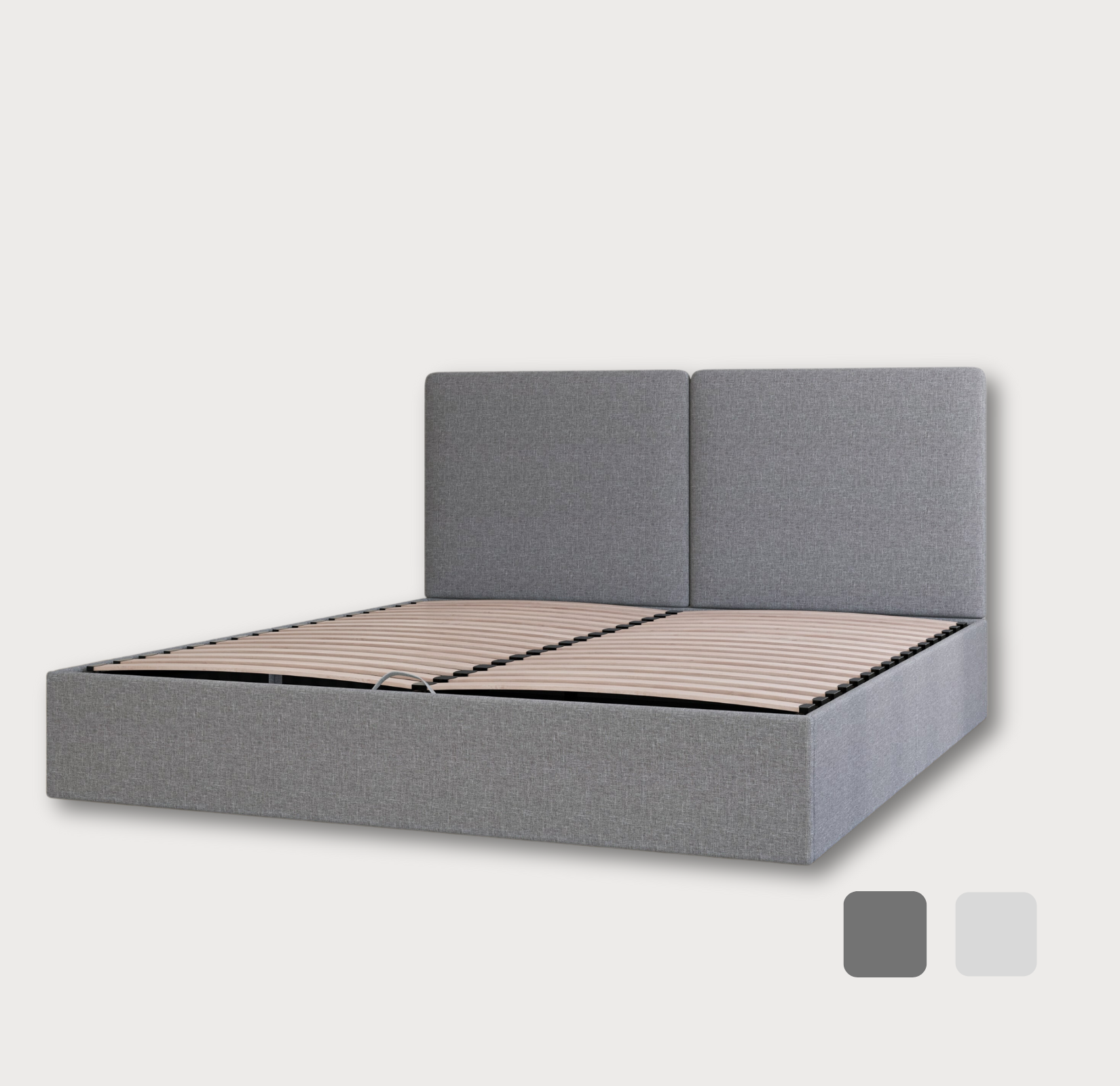 Cadre de lit en tissu gris avec des lattes en bois et une tête de lit rectangulaire haute, présenté sur fond blanc avec des échantillons de palette de couleurs.