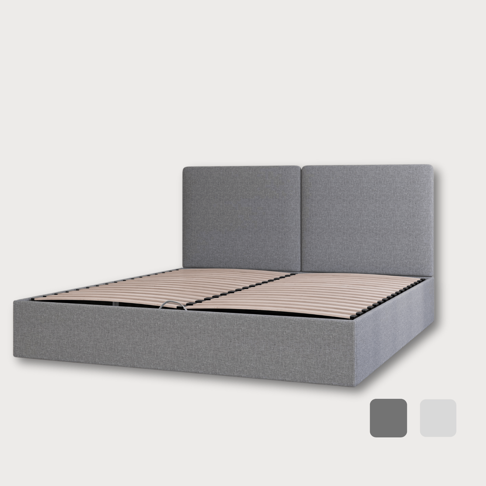 Cadre de lit en tissu gris avec des lattes en bois et une tête de lit rectangulaire haute, présenté sur fond blanc avec des échantillons de palette de couleurs.