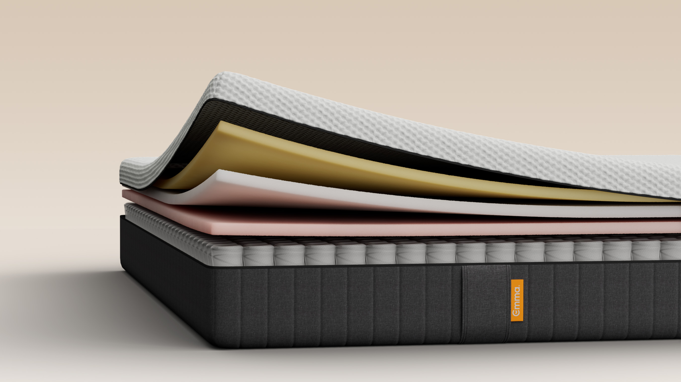 The Emma Original Mattress open on the side and showing 5 layers expanded.