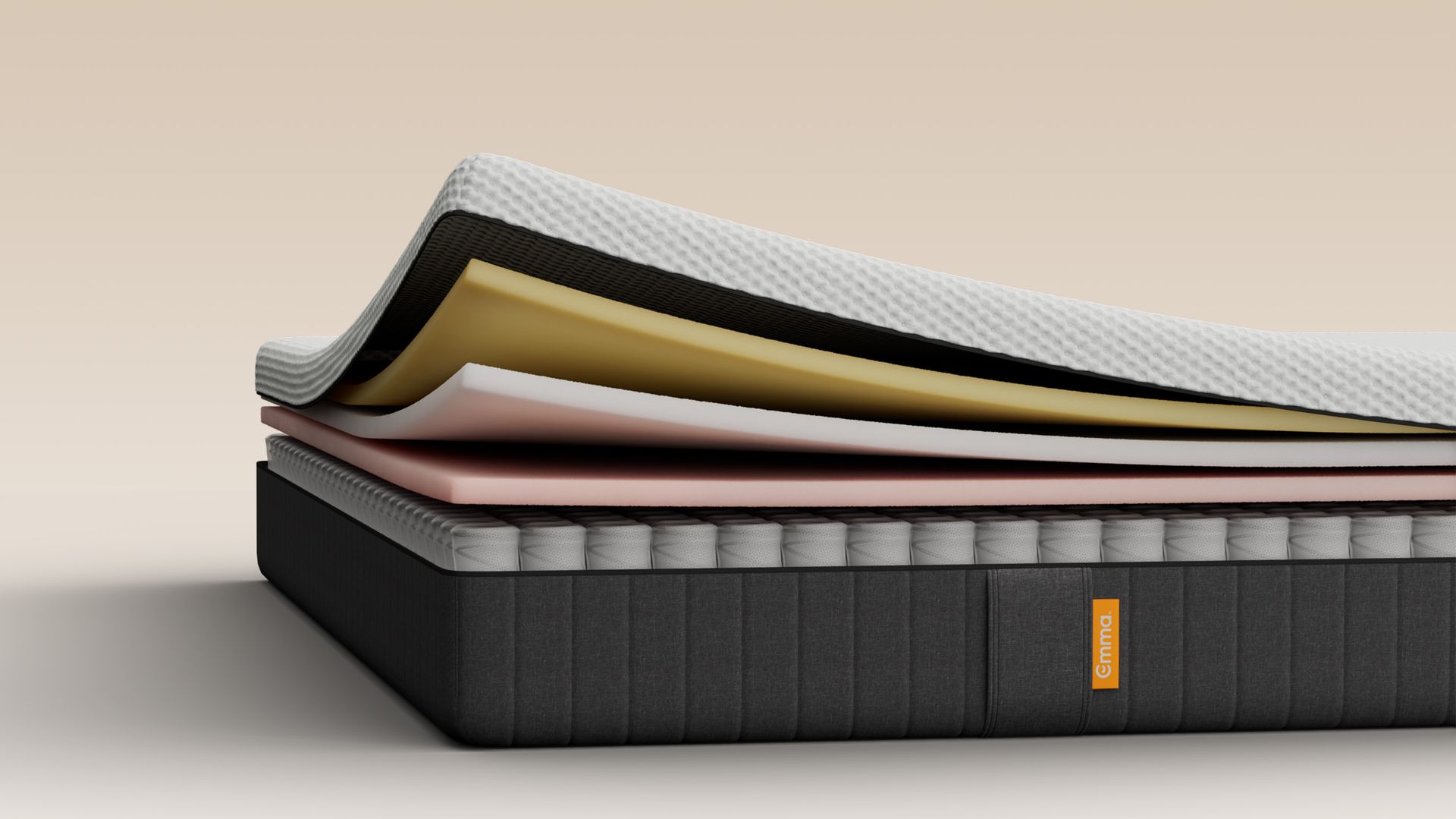 The Emma Original Mattress open on the side and showing 5 layers expanded.