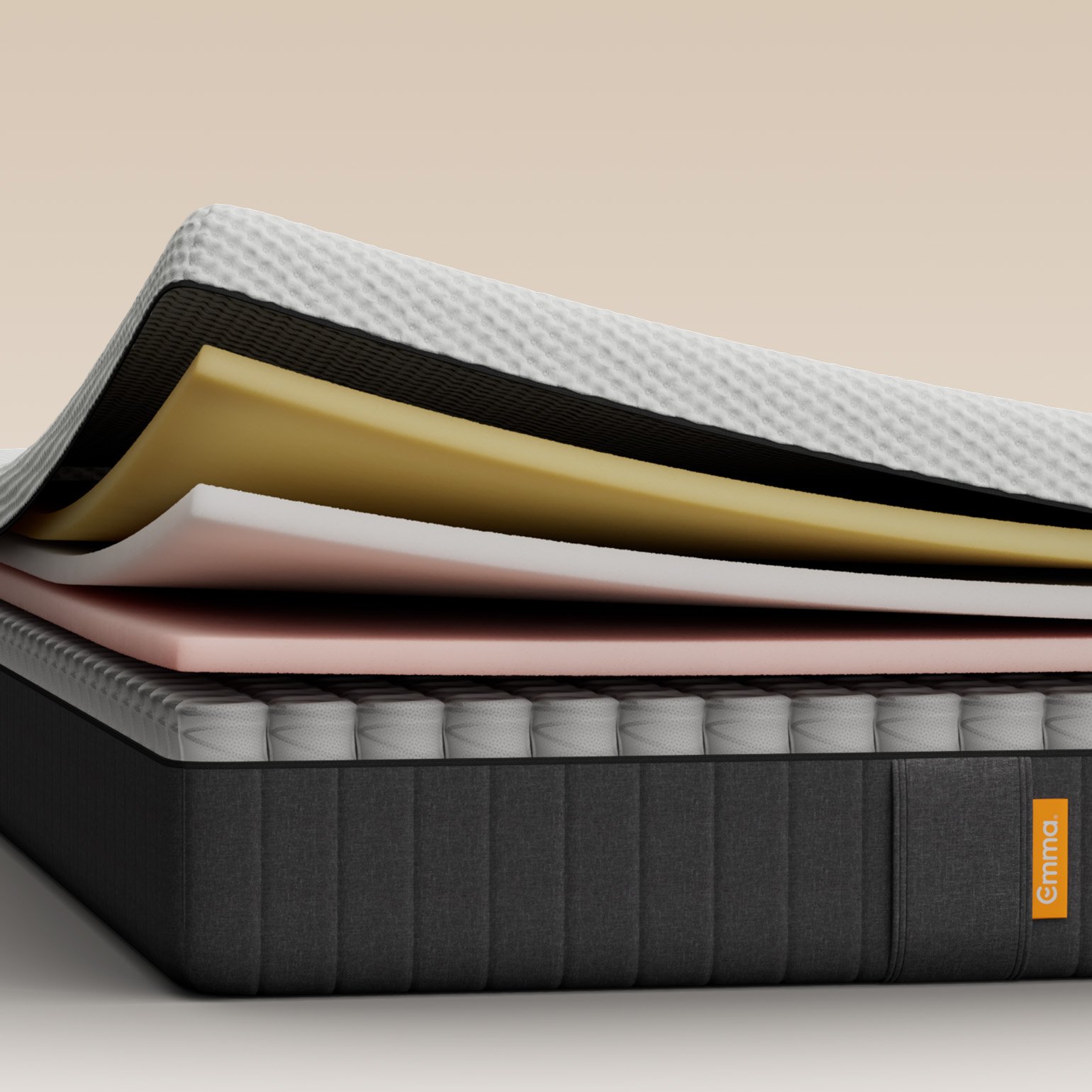 The Emma Original Mattress open on the side and showing 5 layers expanded.