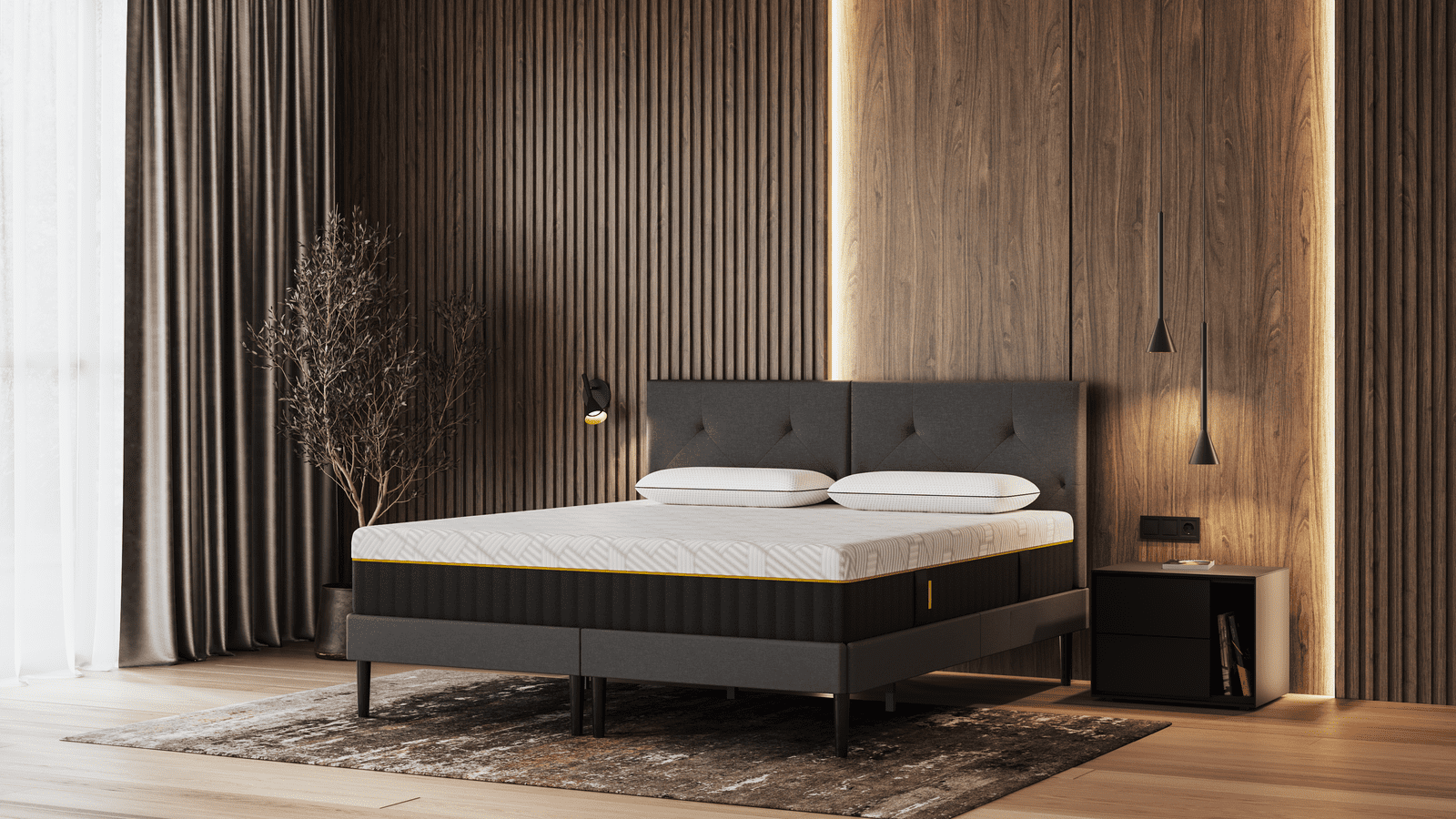Disfruta de la combinación perfecta de confort y estilo con el colchón Emma AirGrid Elite y la almohada Diamond Degree, en una recámara completa de diseño moderno.