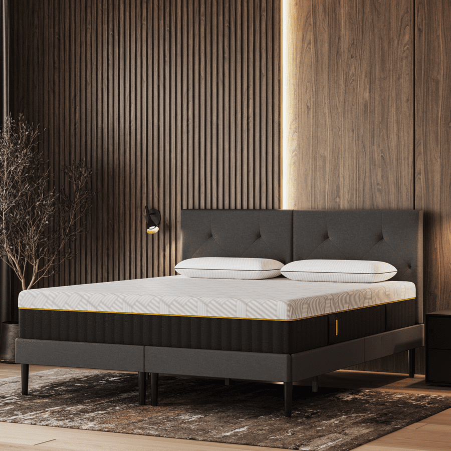 Disfruta de la combinación perfecta de confort y estilo con el colchón Emma AirGrid Elite y la almohada Diamond Degree, en una recámara completa de diseño moderno.