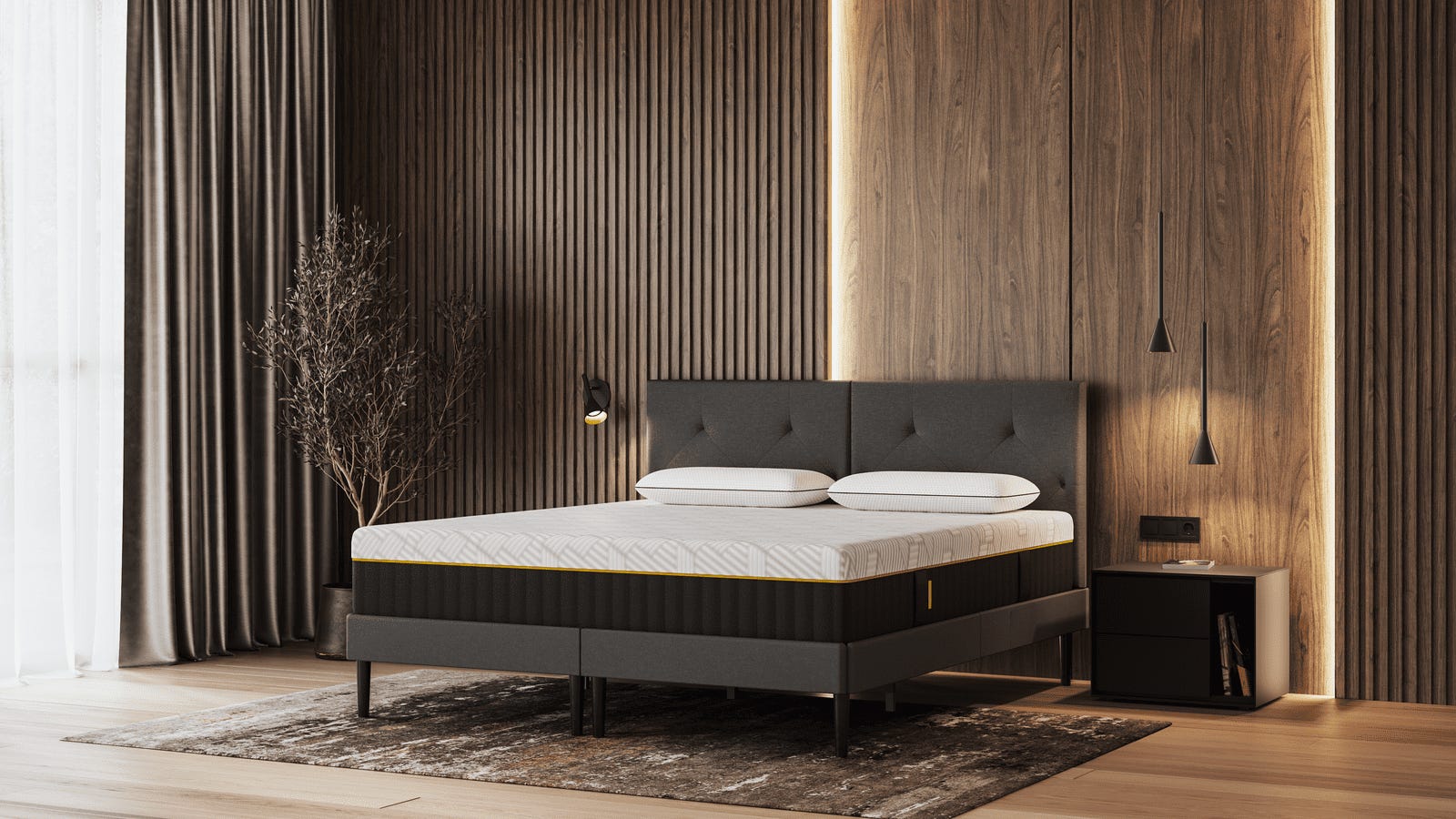 Disfruta de la combinación perfecta de confort y estilo con el colchón Emma AirGrid Elite y la almohada Diamond Degree, en una recámara completa de diseño moderno.