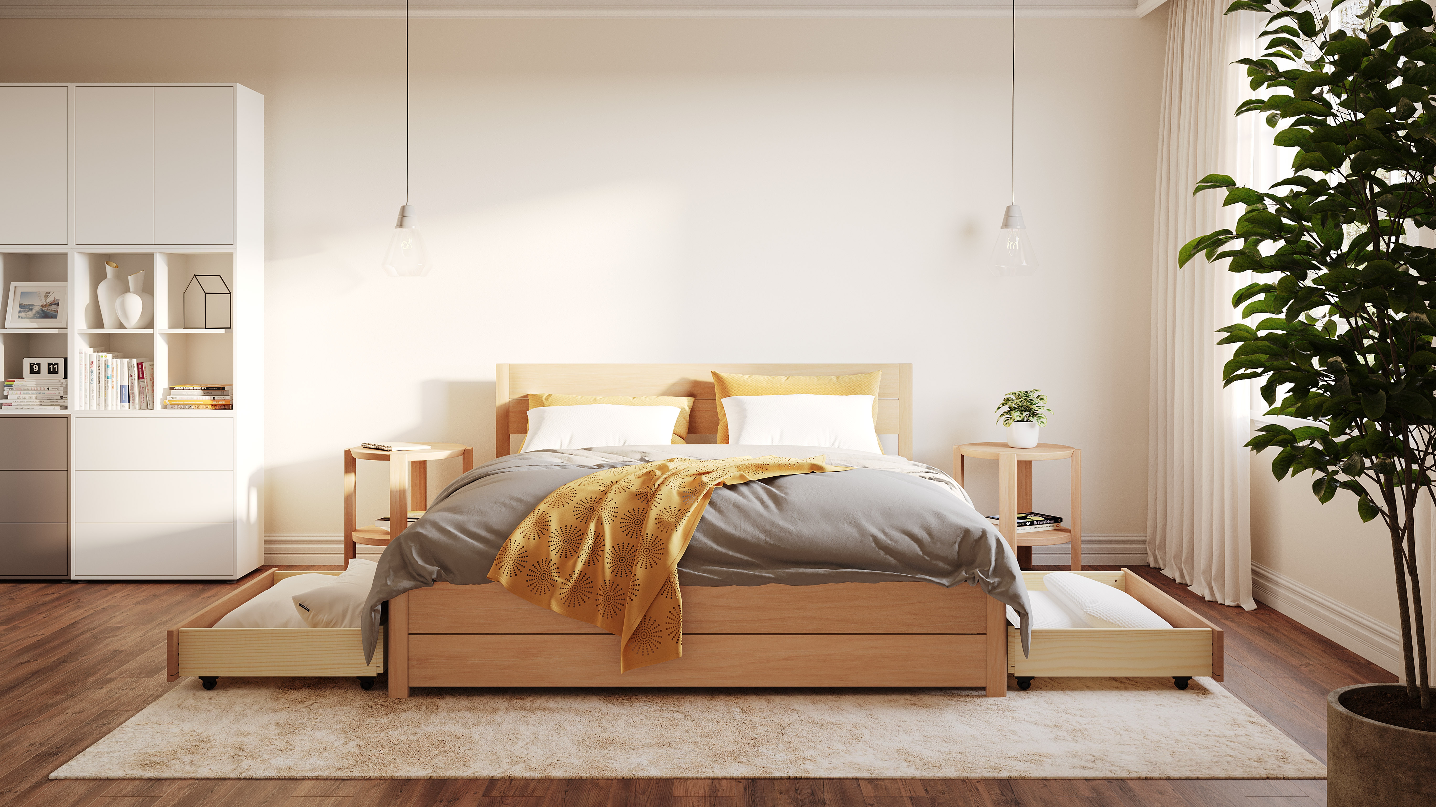 Modernes Schlafzimmer mit Doppelbett, gelben Akzenten und Holzdetails
