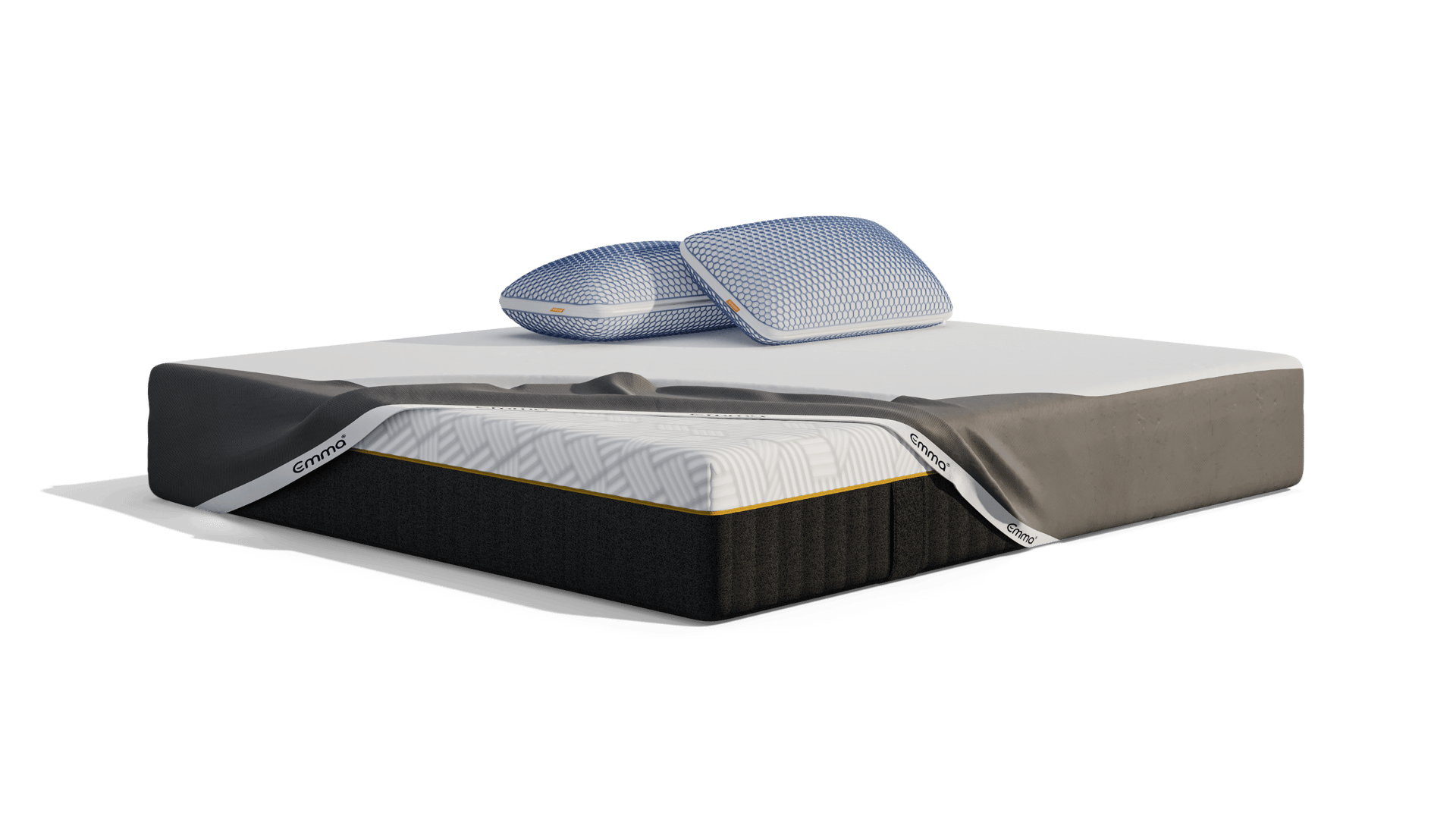 Uma imagem do pack Emma Elite, que inclui um colchão Emma Original Elite, Almofadas Emma Original Elite, e uma capa protetora