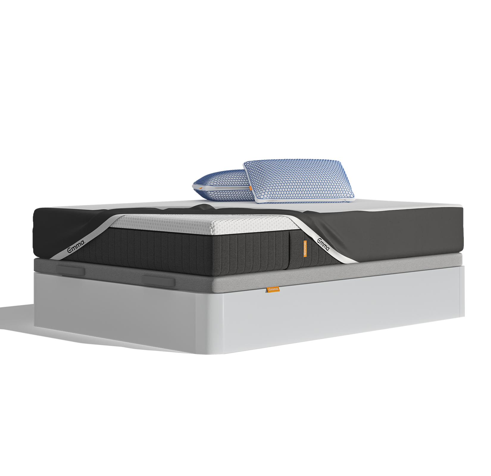 Uma imagem do Pack Sommier Original Pro Plus, que inclui uma cama sommier com arrumação branca, um colchão Emma Original Pro+, e Almofadas Emma Original Microfibra Elite