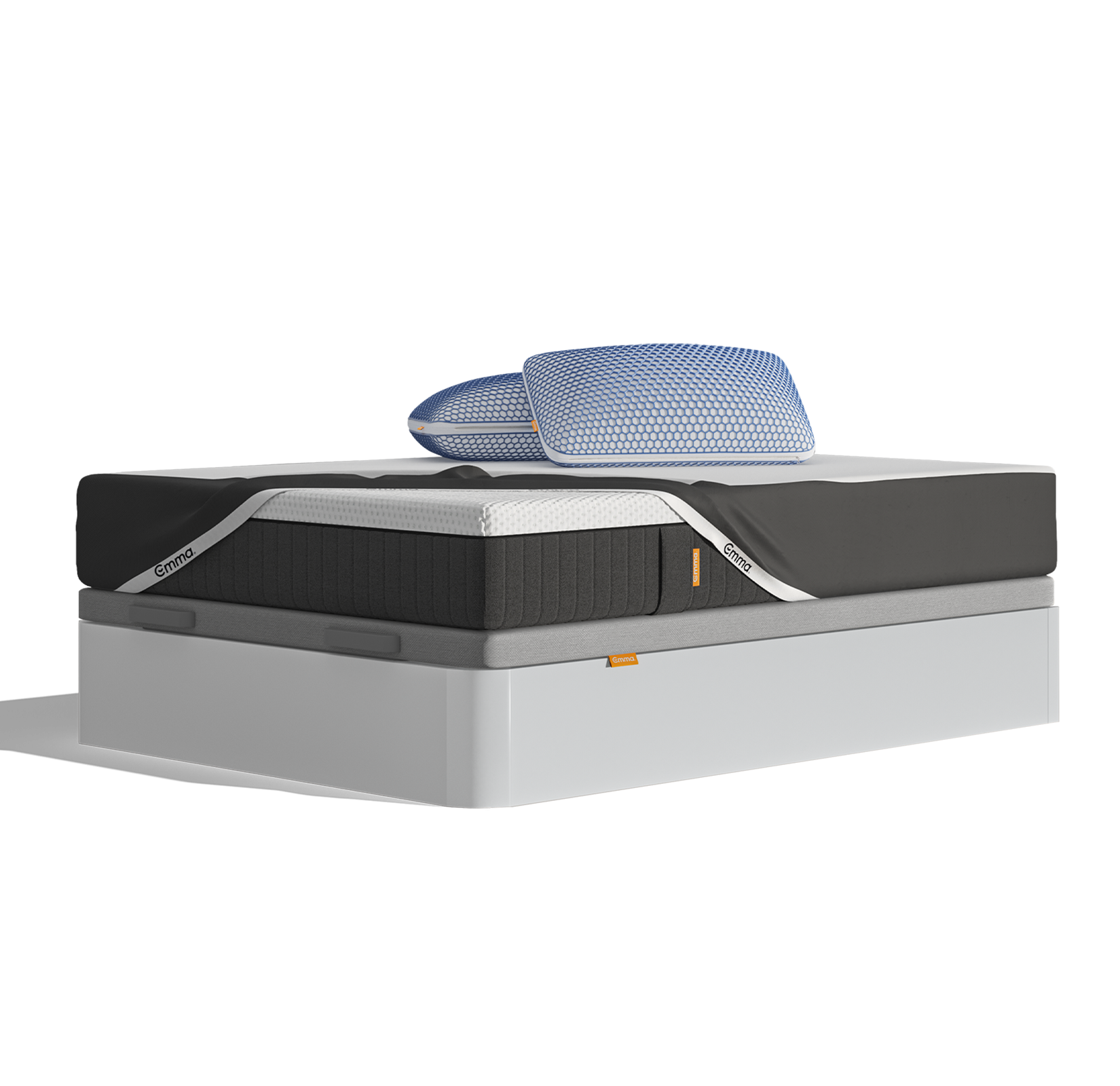 Uma imagem do Pack Sommier Original Pro Plus, que inclui uma cama sommier com arrumação branca, um colchão Emma Original Pro+, e Almofadas Emma Original Microfibra Elite