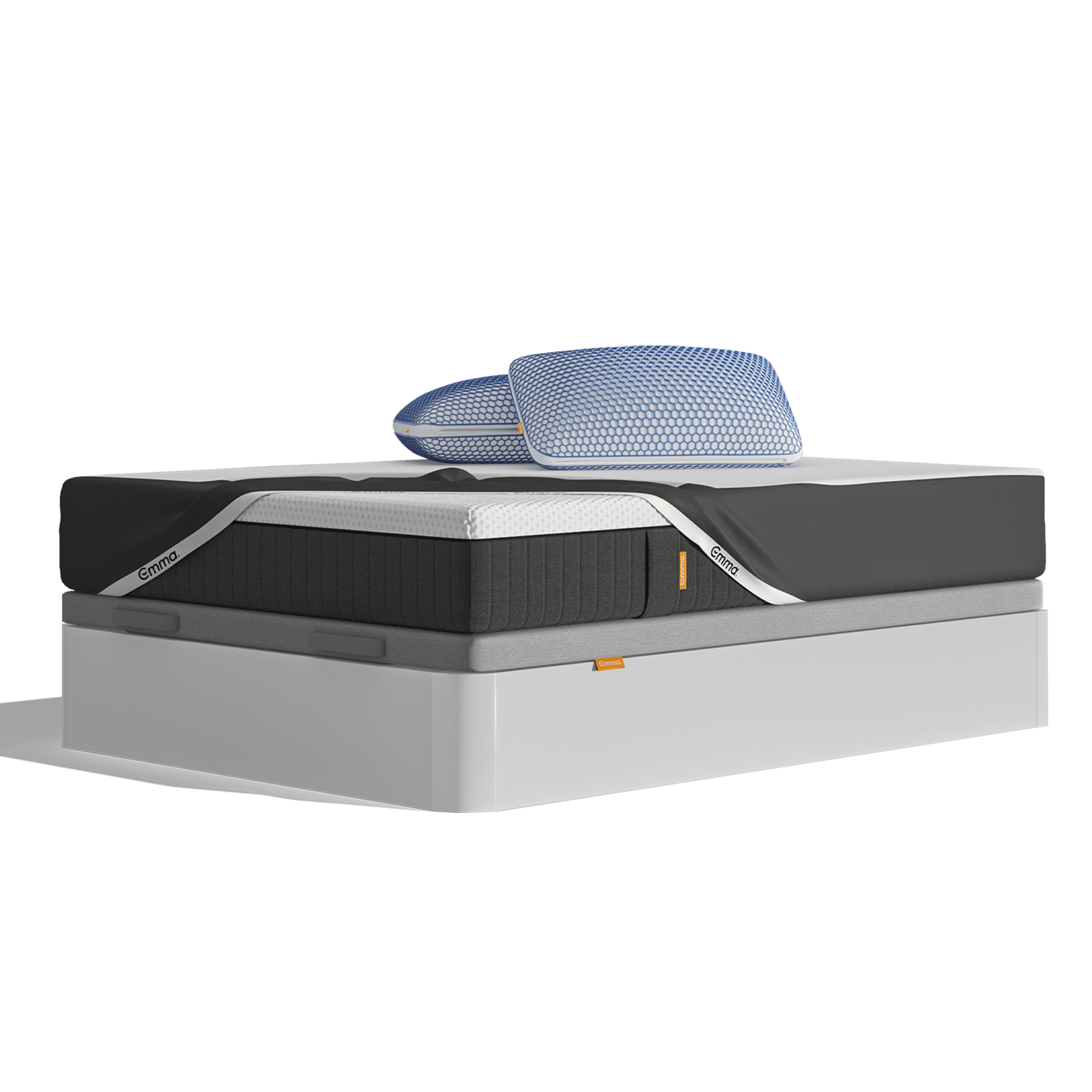 Uma imagem do Pack Sommier Original Pro Plus, que inclui uma cama sommier com arrumação branca, um colchão Emma Original Pro+, e Almofadas Emma Original Microfibra Elite