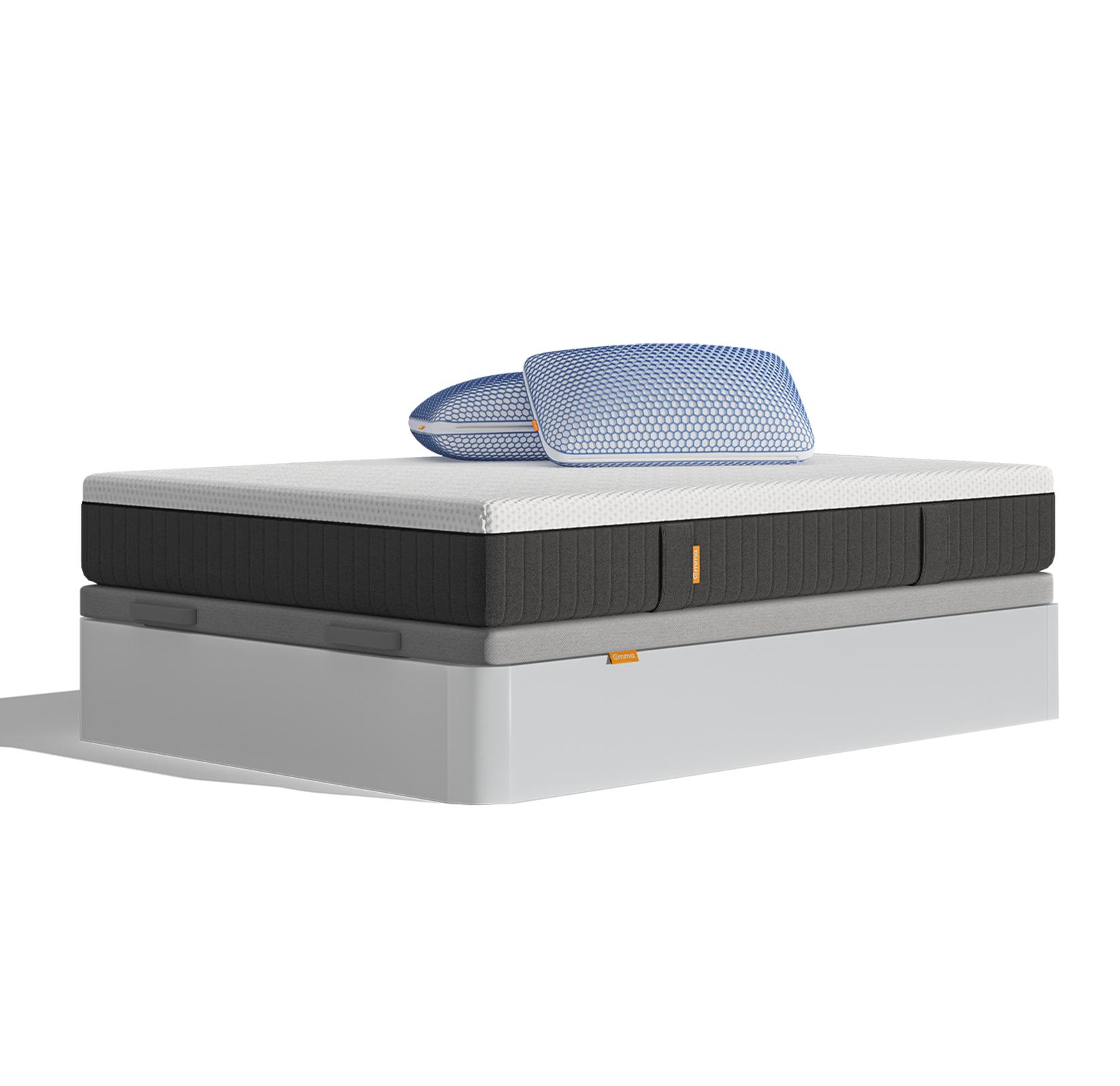 Uma imagem do Pack Sommier Original Pro Plus, que inclui uma cama sommier com arrumação branca, um colchão Emma Original Pro+, e Almofadas Emma Original Microfibra Elite
