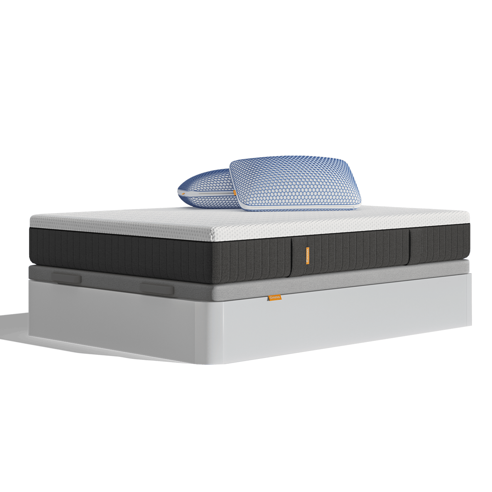 Uma imagem do Pack Sommier Original Pro Plus, que inclui uma cama sommier com arrumação branca, um colchão Emma Original Pro+, e Almofadas Emma Original Microfibra Elite