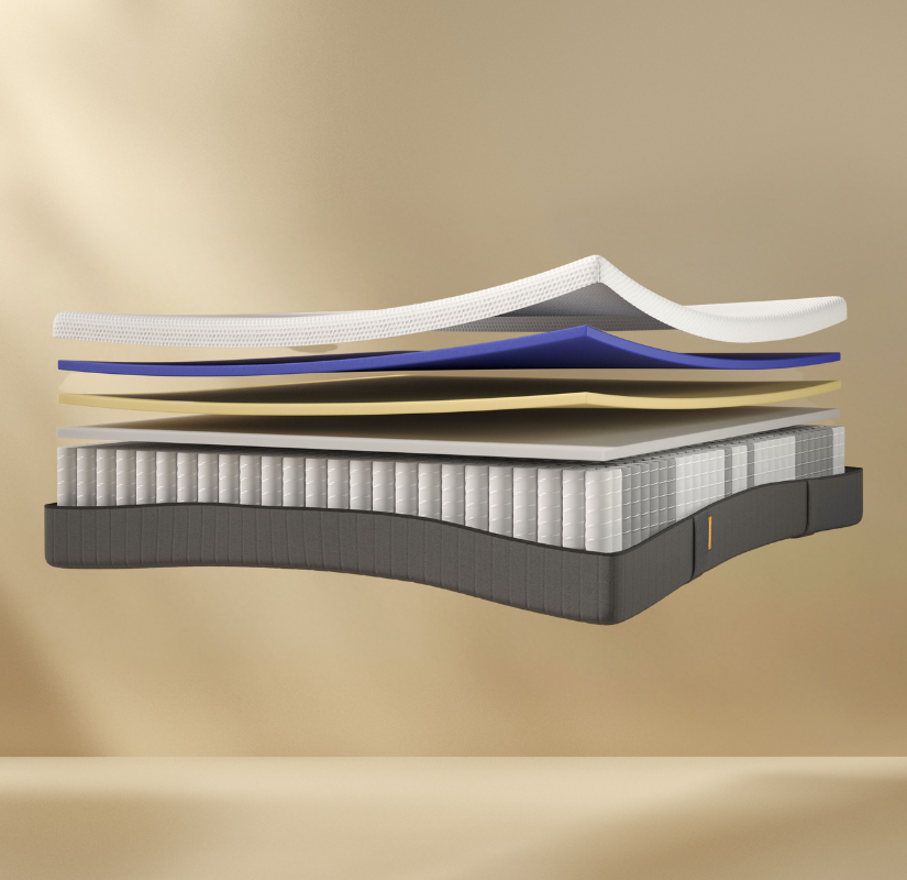Doorsnede van de Emma Hybrid II matras met zes lagen: witte toplaag, dunne grijze laag, blauwe comfortlaag, gele drukverdelende laag, dikke grijze schuimlaag en onderlaag met metalen veren in rasterstructuur; onderste laag omhuld met donkergrijze stof.