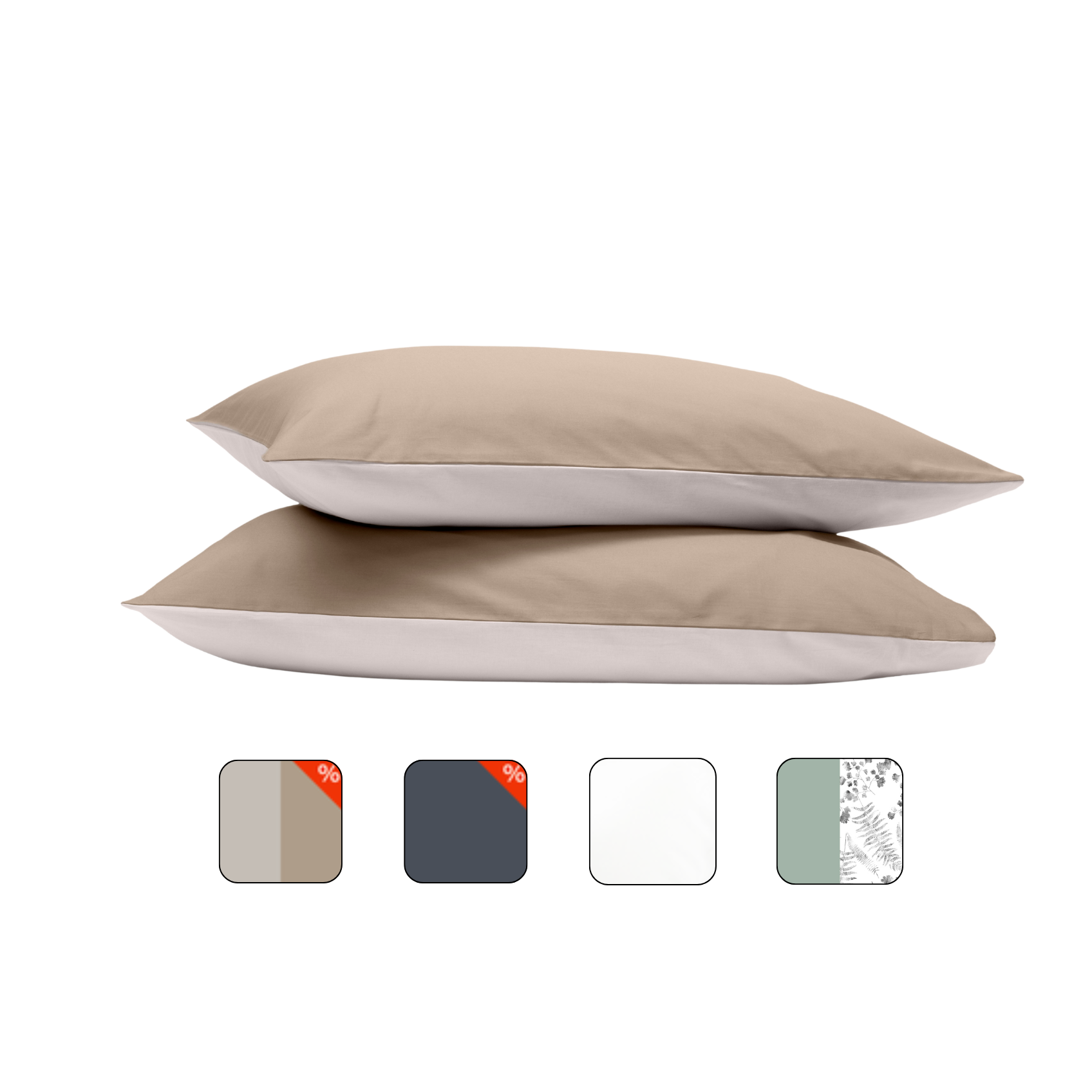 Uma imagem de duas almofada, com fronhas de almofada Emma em percal, em bege e creme, com um fundo branco