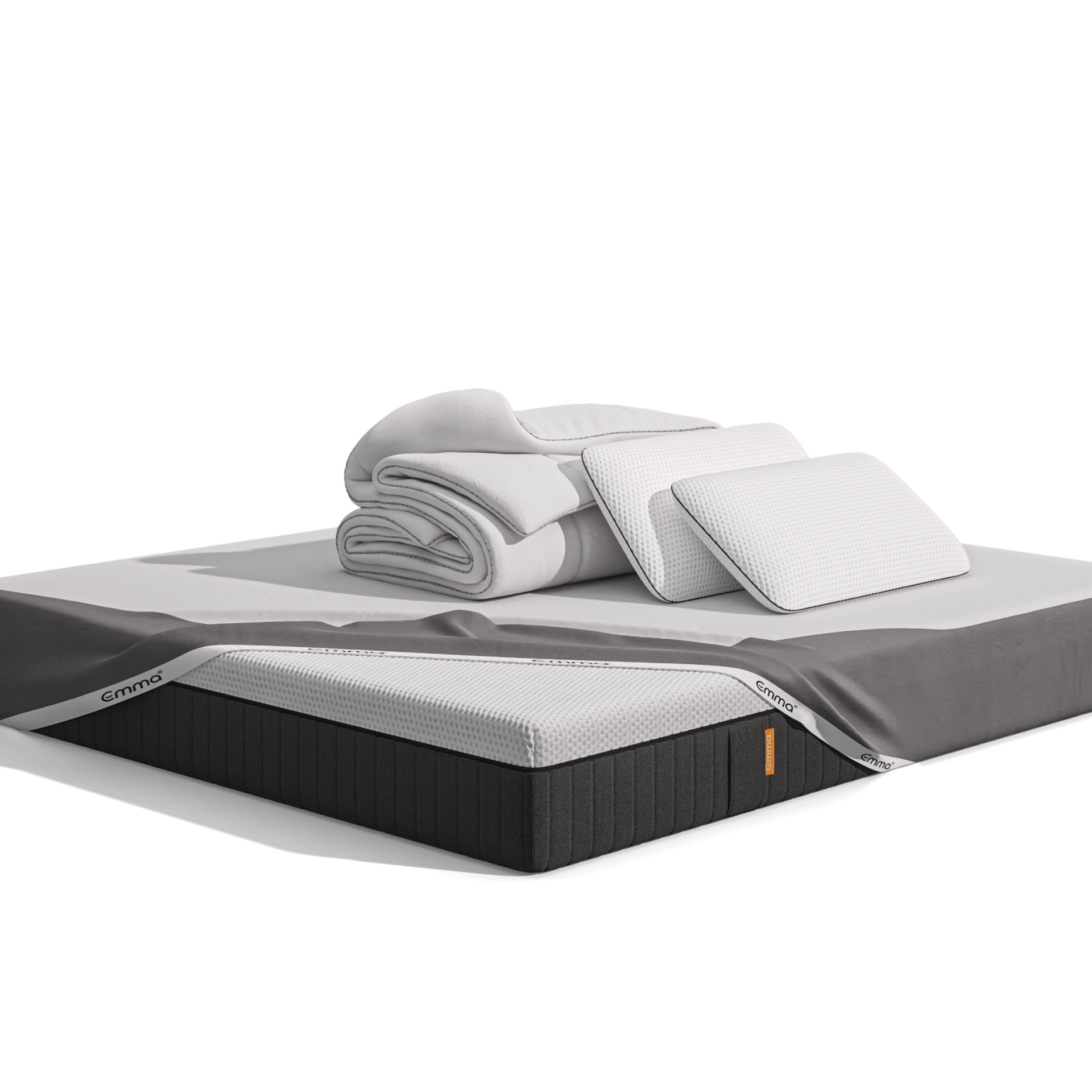 Uma imagem do Pack Original Pro e Edredon, que inclui um colchão Emma Hybrid Premium, almofadas Emma Premium, um edredon 4 Estações, e uma capa protetora