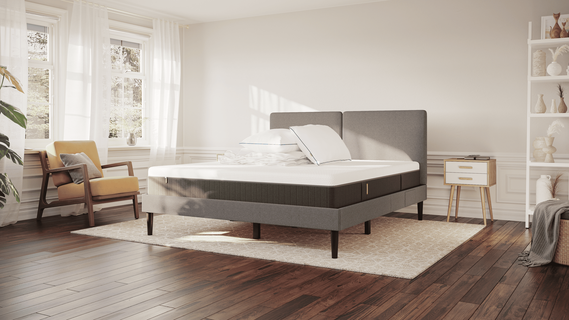 Emma Original Deal: donkergrijs Emma Original Bed met Hybrid-matras, twee Premium Wolkenkussens en een 4-seizoenen dekbed—een complete slaapoplossing voor optimaal comfort.