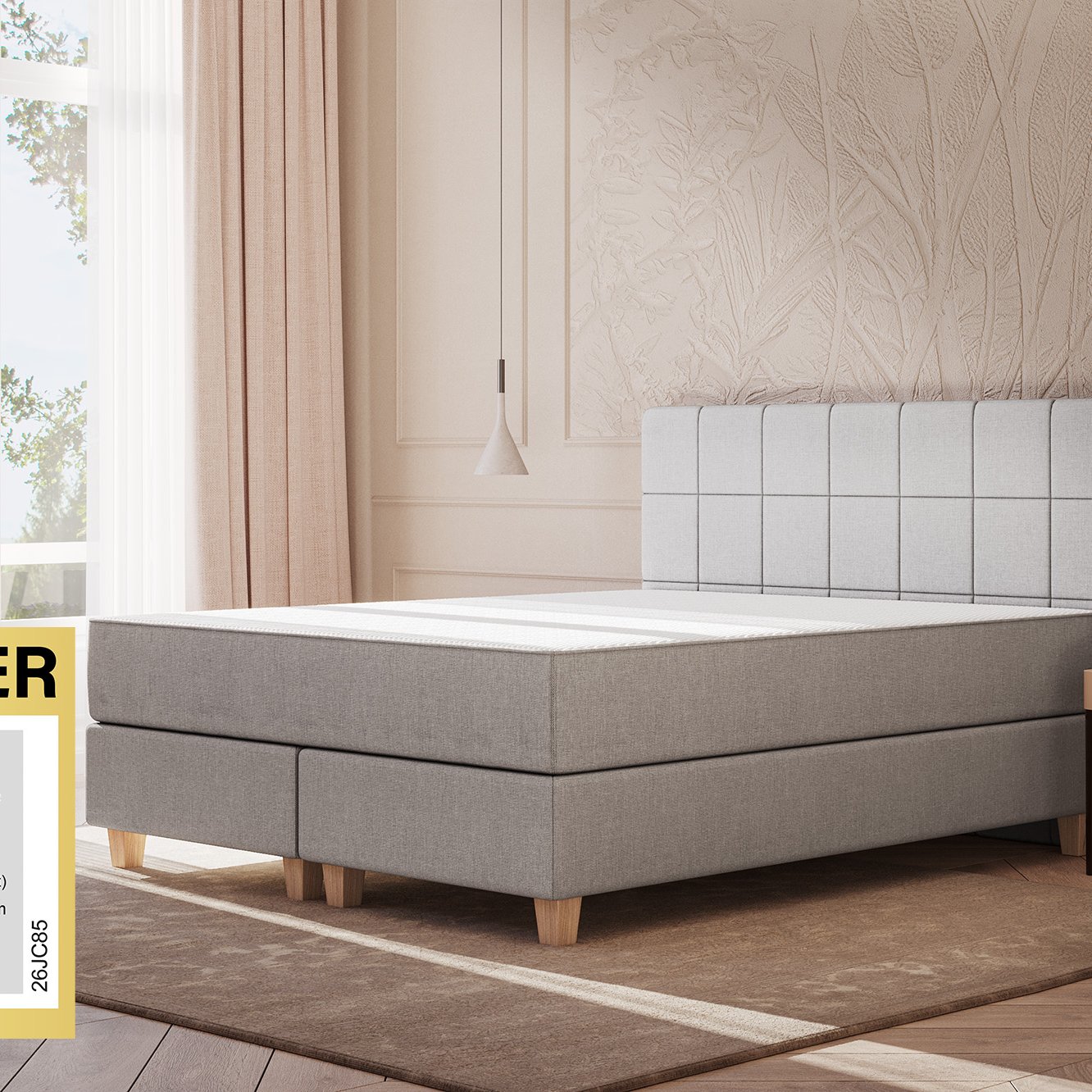 Emma Original Boxspringbett Komfort 140x200cm - hellgrau - Füße Holz - Kopfteil gesteppt