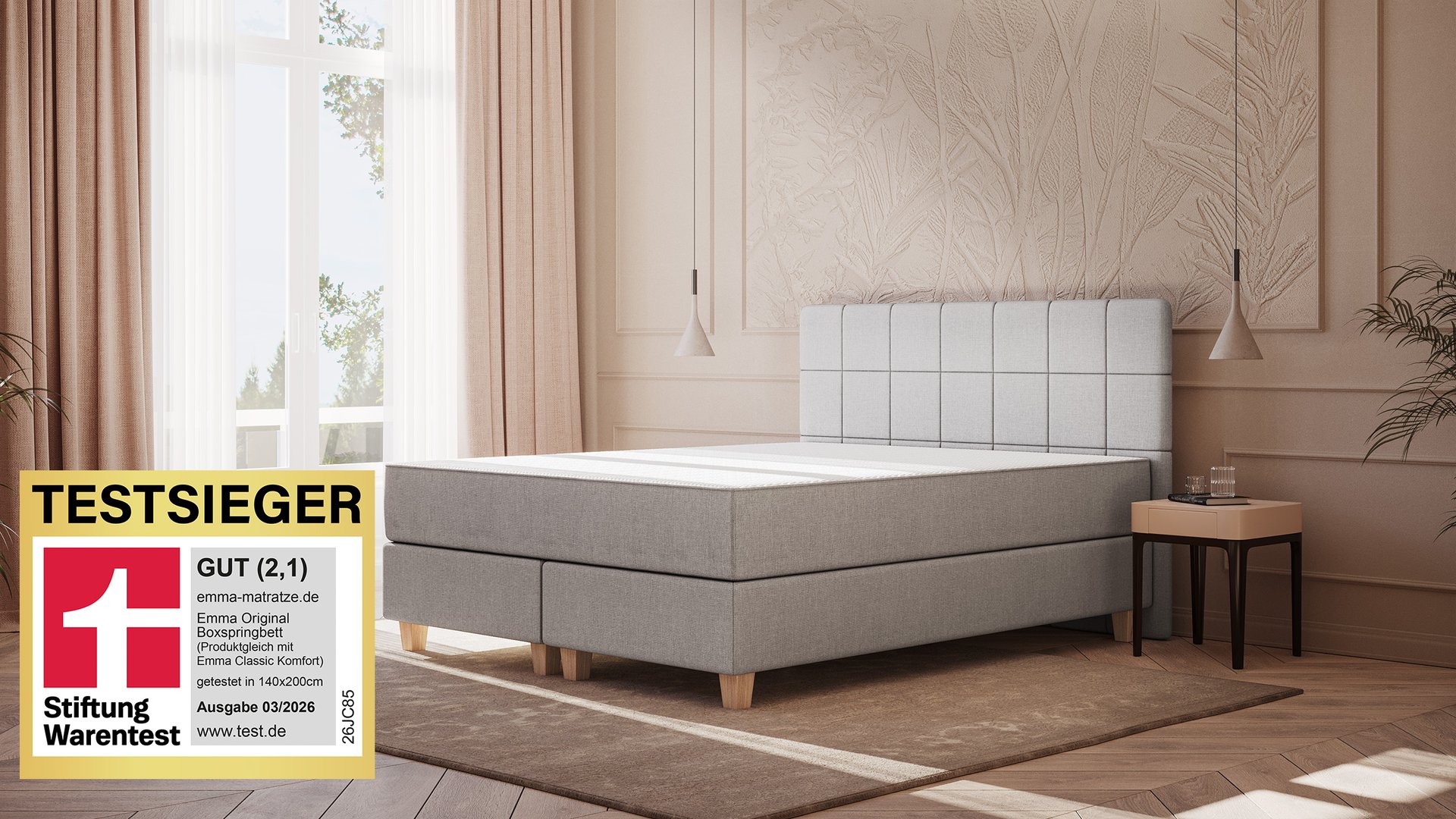 Emma Original Boxspringbett Komfort 140x200cm - hellgrau - Füße Holz - Kopfteil gesteppt