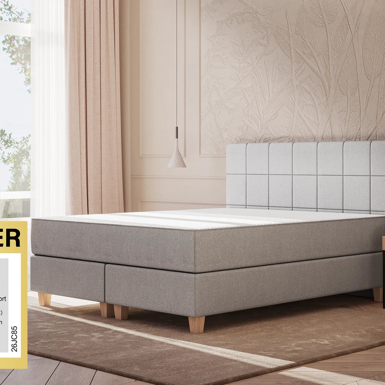 Emma Original Boxspringbett Komfort 140x200cm - hellgrau - Füße Holz - Kopfteil gesteppt