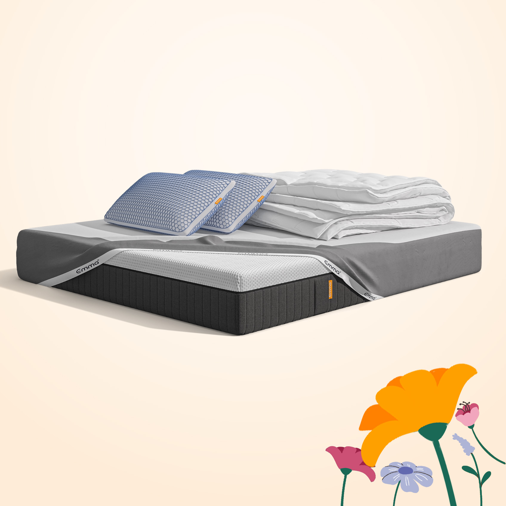  Uma imagem do pack 4 Estações Premium, que inclui um colchão Emma Hybrid Premium, almofadas Zero Gravity, um edredon 4 Estações, e uma capa protetora