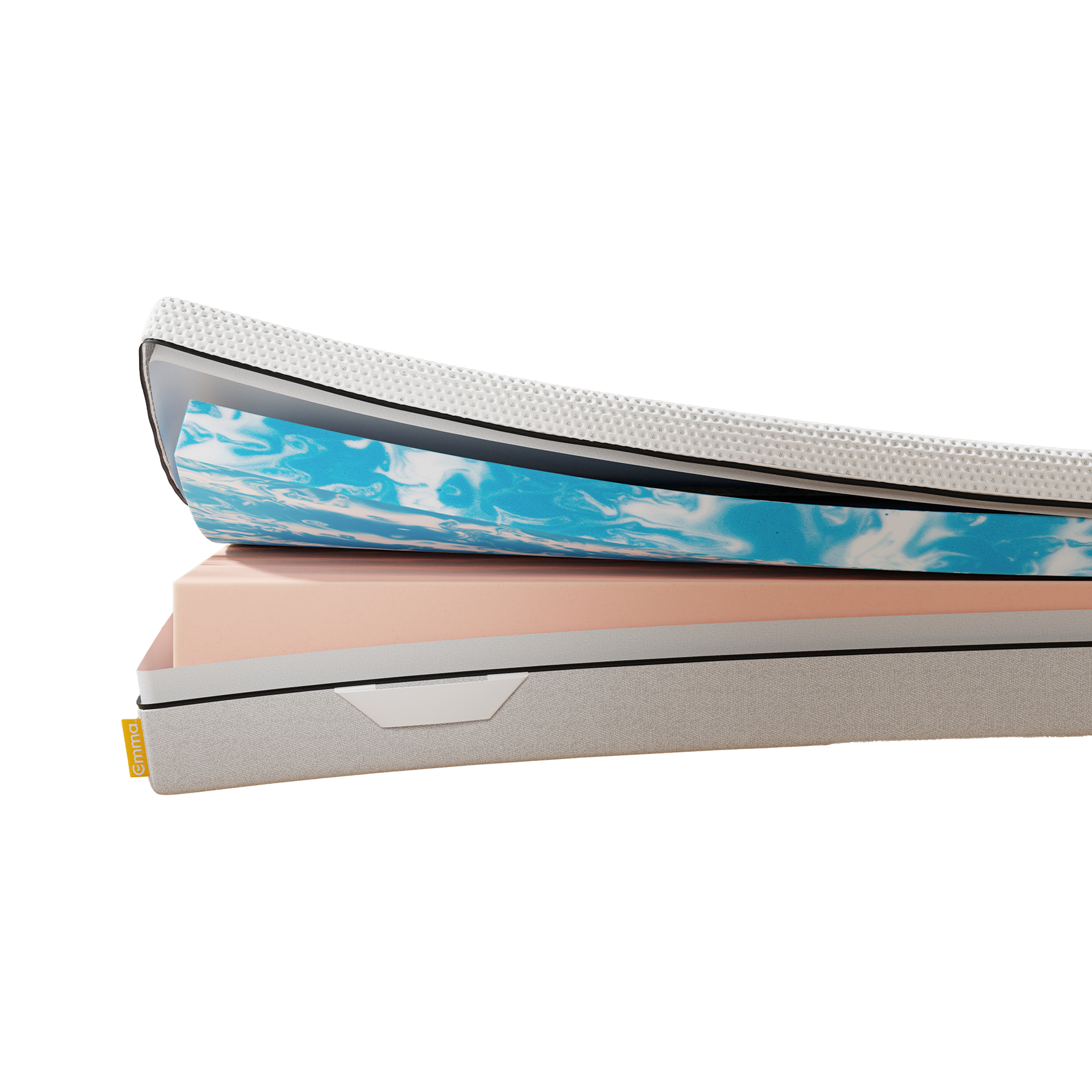 Colchão Duo Confort Emma, ligeiramente aberto a um canto, expondo com duas camadas, diferenciadas por padrões distintos, uma mais firme, e outra mais macia. 