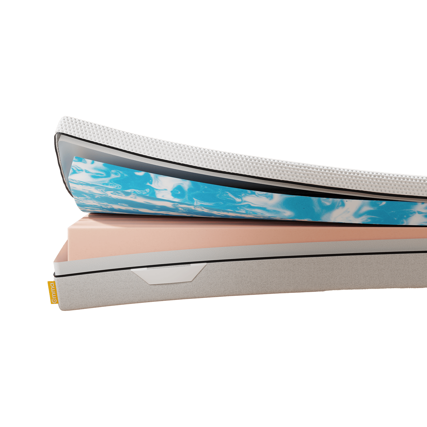 Colchão Duo Confort Emma, ligeiramente aberto a um canto, expondo com duas camadas, diferenciadas por padrões distintos, uma mais firme, e outra mais macia.