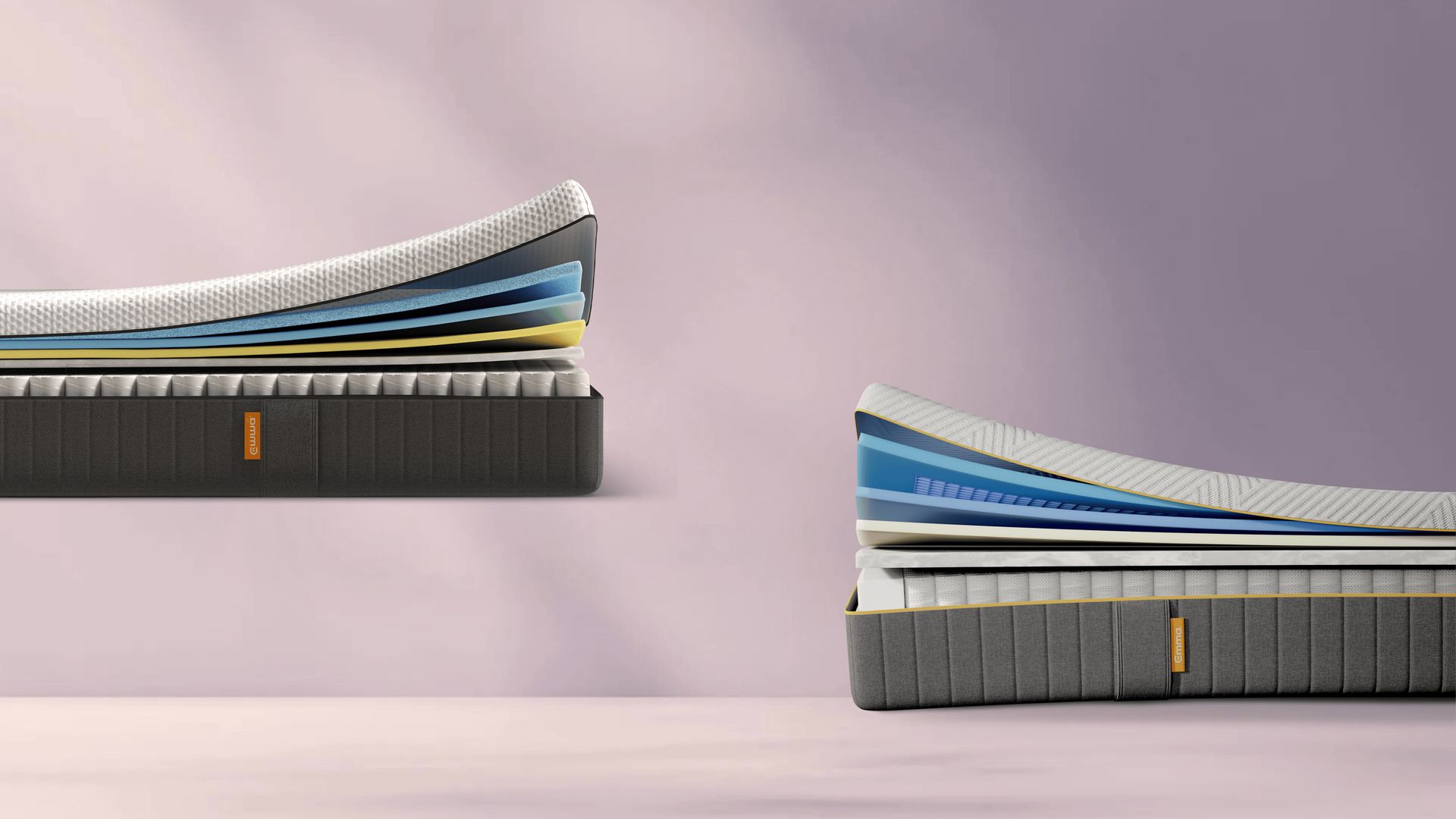 Vergelijkende doorsnede van drie matrassen: linksboven de Emma AirGrid matras met blauw honingraatmateriaal en schuimlagen; rechtsboven de Emma Hybrid Premium matras met zachte witte bovenlaag, schuimstructuur en pocketveren.