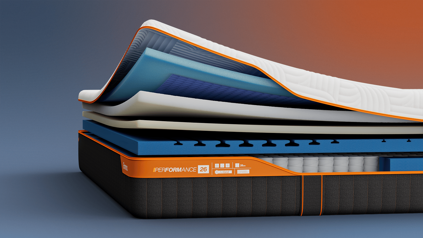 Aufgeschnittene Emma Performance Matratze mit sichtbaren Schichten.