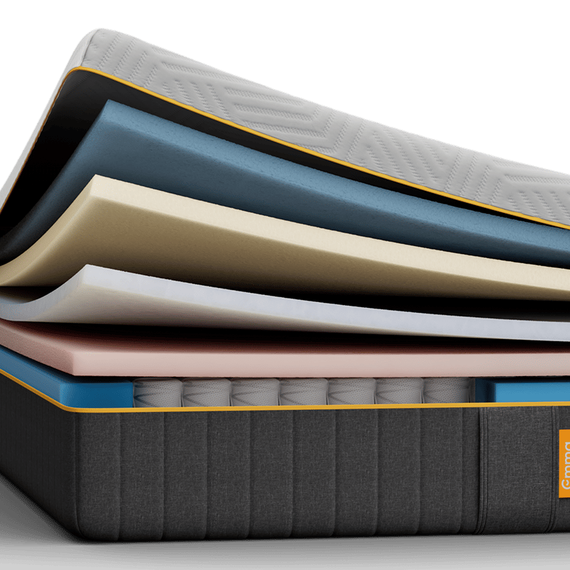 Emma Original Pro mattress cross-section with gold trim, showing quilted cover and foam layers over pocket springs.