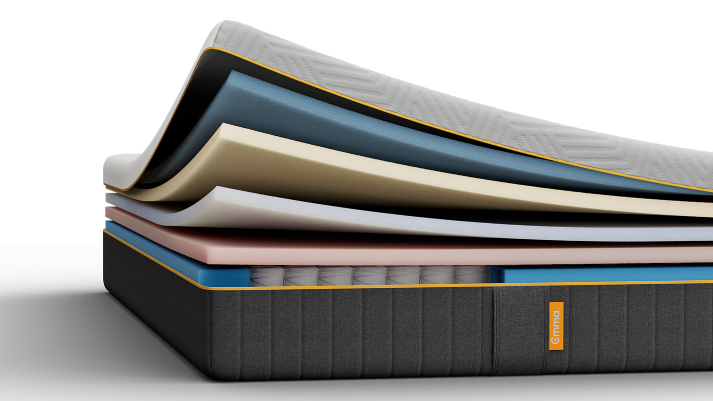 Emma Original Pro mattress cross-section with gold trim, showing quilted cover and foam layers over pocket springs.