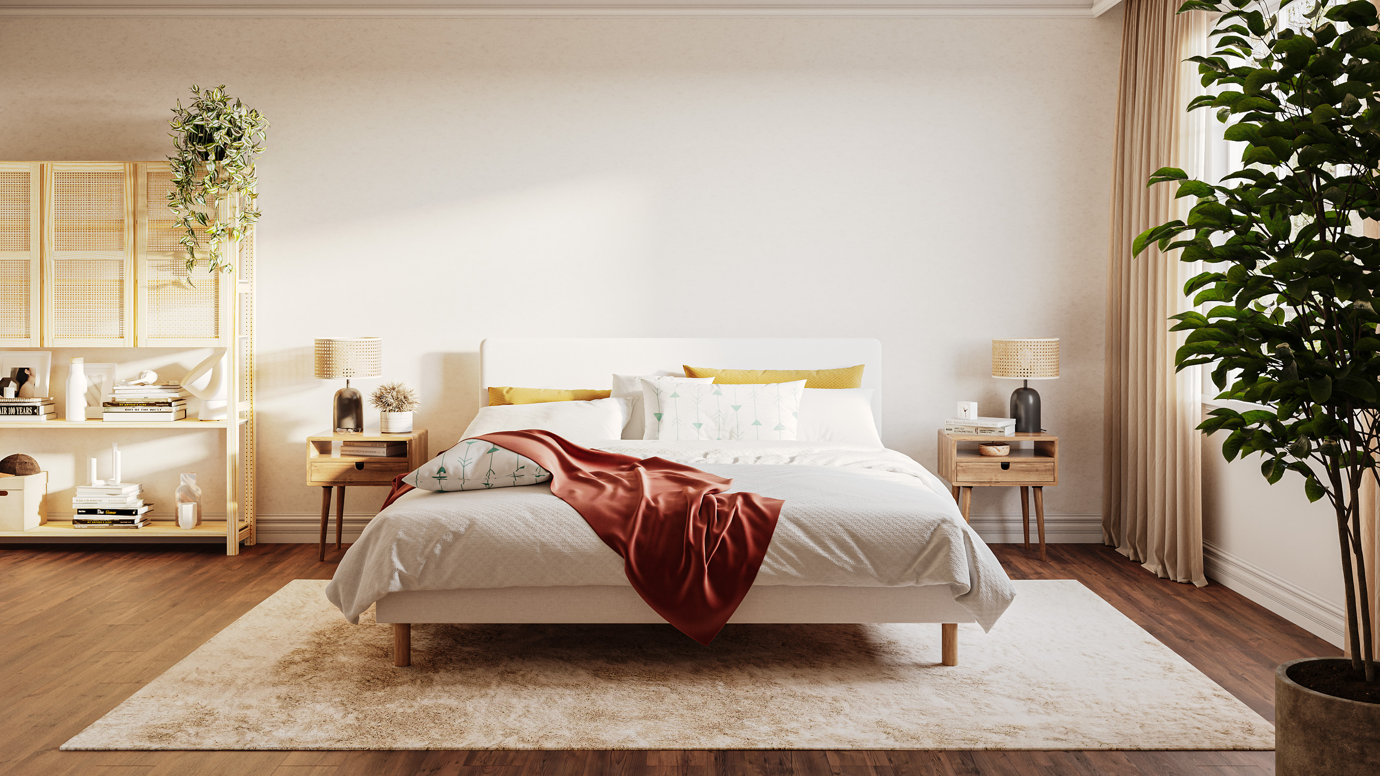 Emma Boxbed in beige with upholstered headboard and wooden legs, styled in a bright airy bedroom.