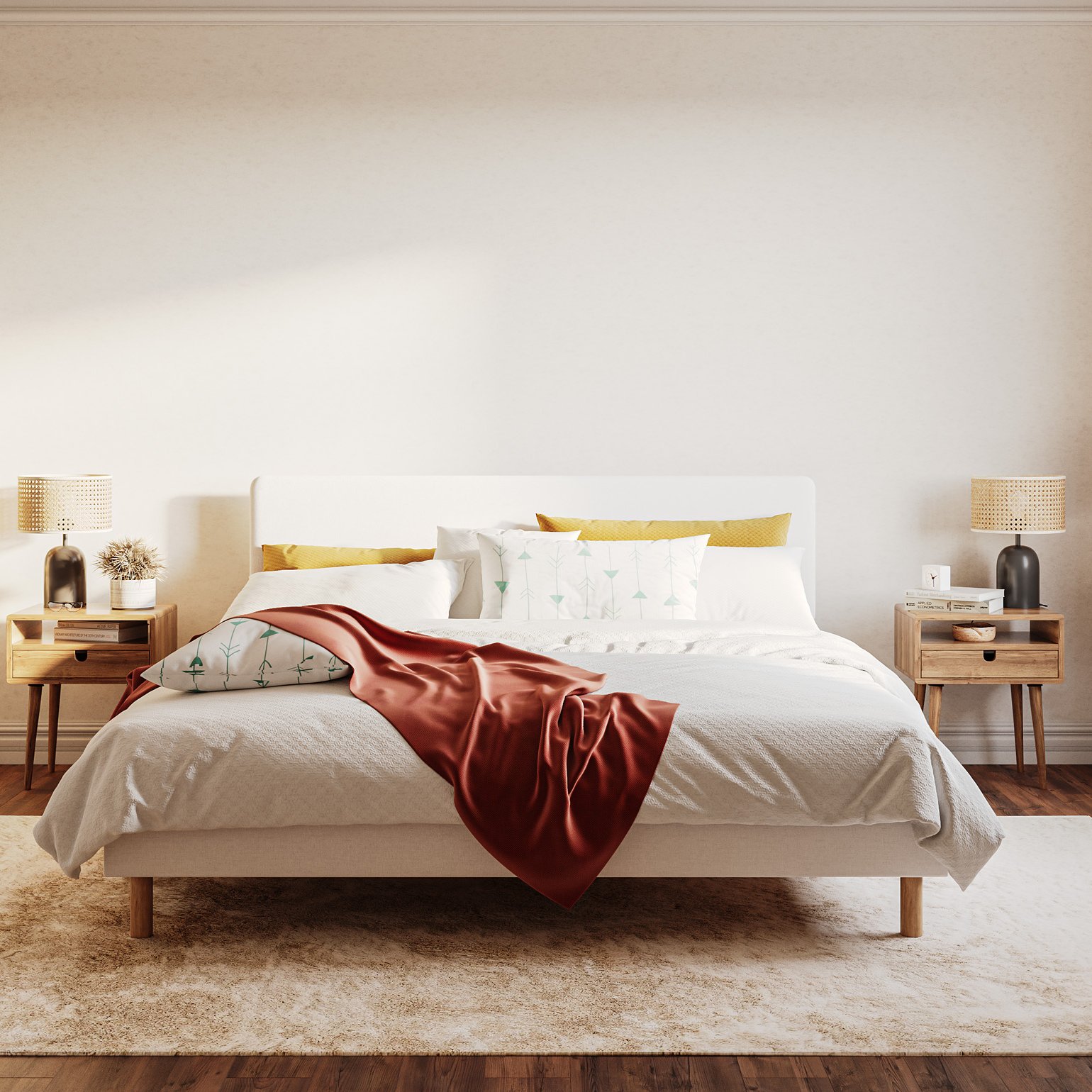 Emma Boxbed beige avec tête de lit rembourrée et pieds en bois, dans une chambre lumineuse et aérée.