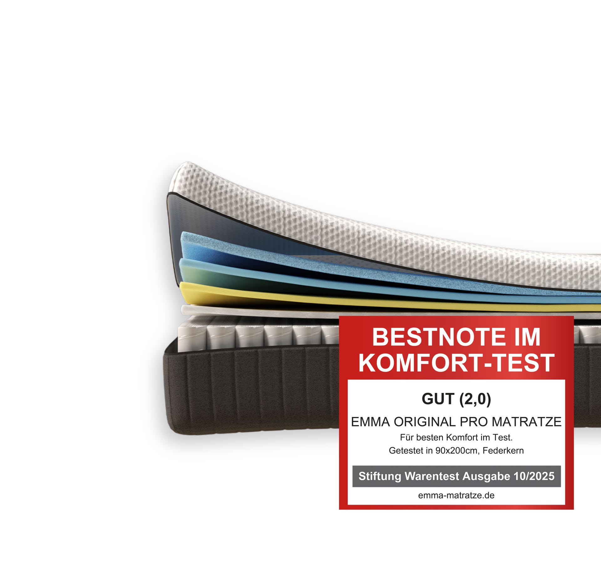 Aufgeschnittene Emma Original Pro Matratze mit sichtbaren Schichten und "Bestnote im Komfort-Test" Siegel.