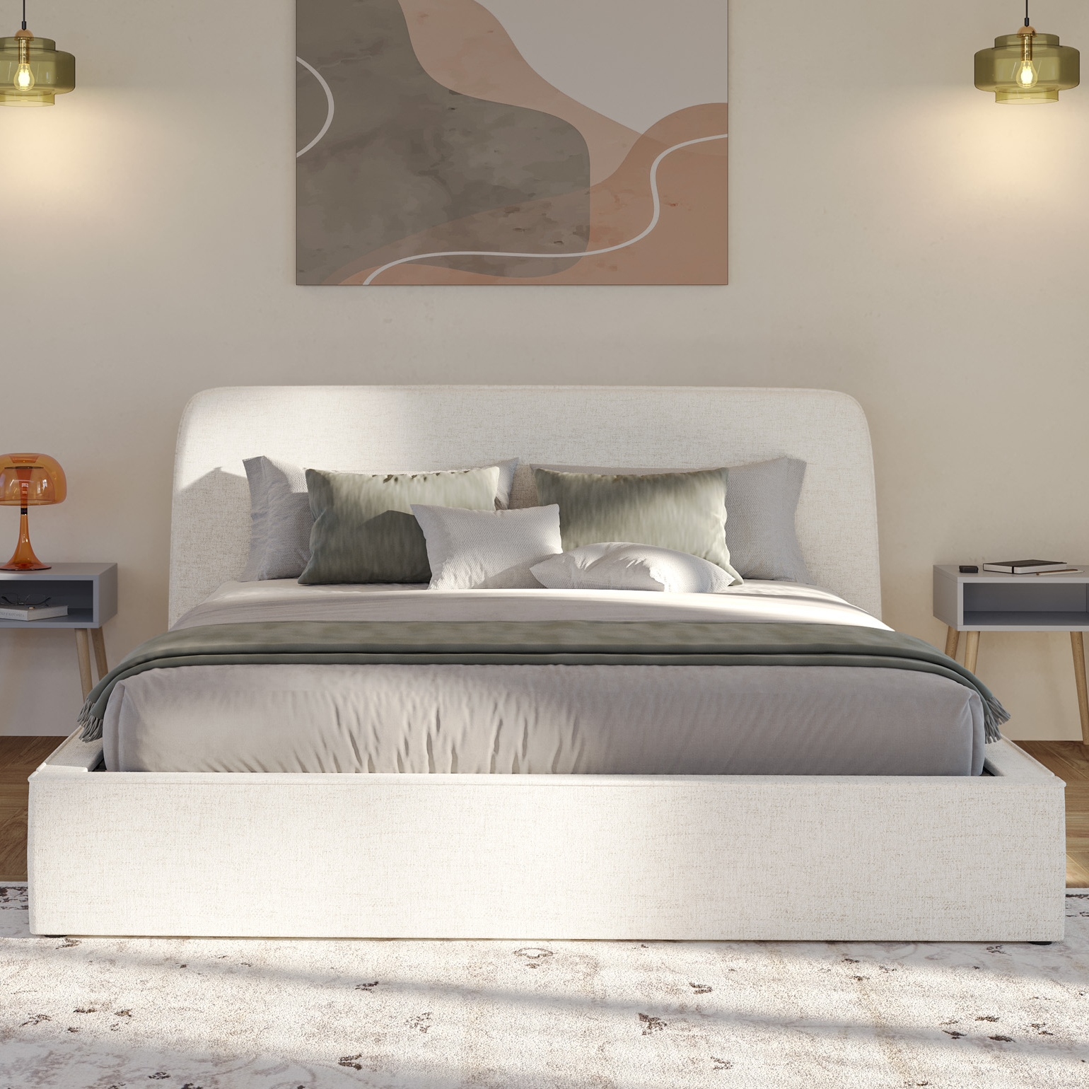 Emma storage bed in sand upholstery with curved headboard, viewed front-on with green and grey bedding in a bedroom.