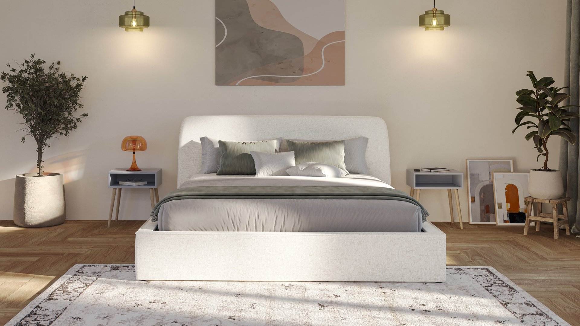 Emma storage bed in sand upholstery with curved headboard, viewed front-on with green and grey bedding in a bedroom.