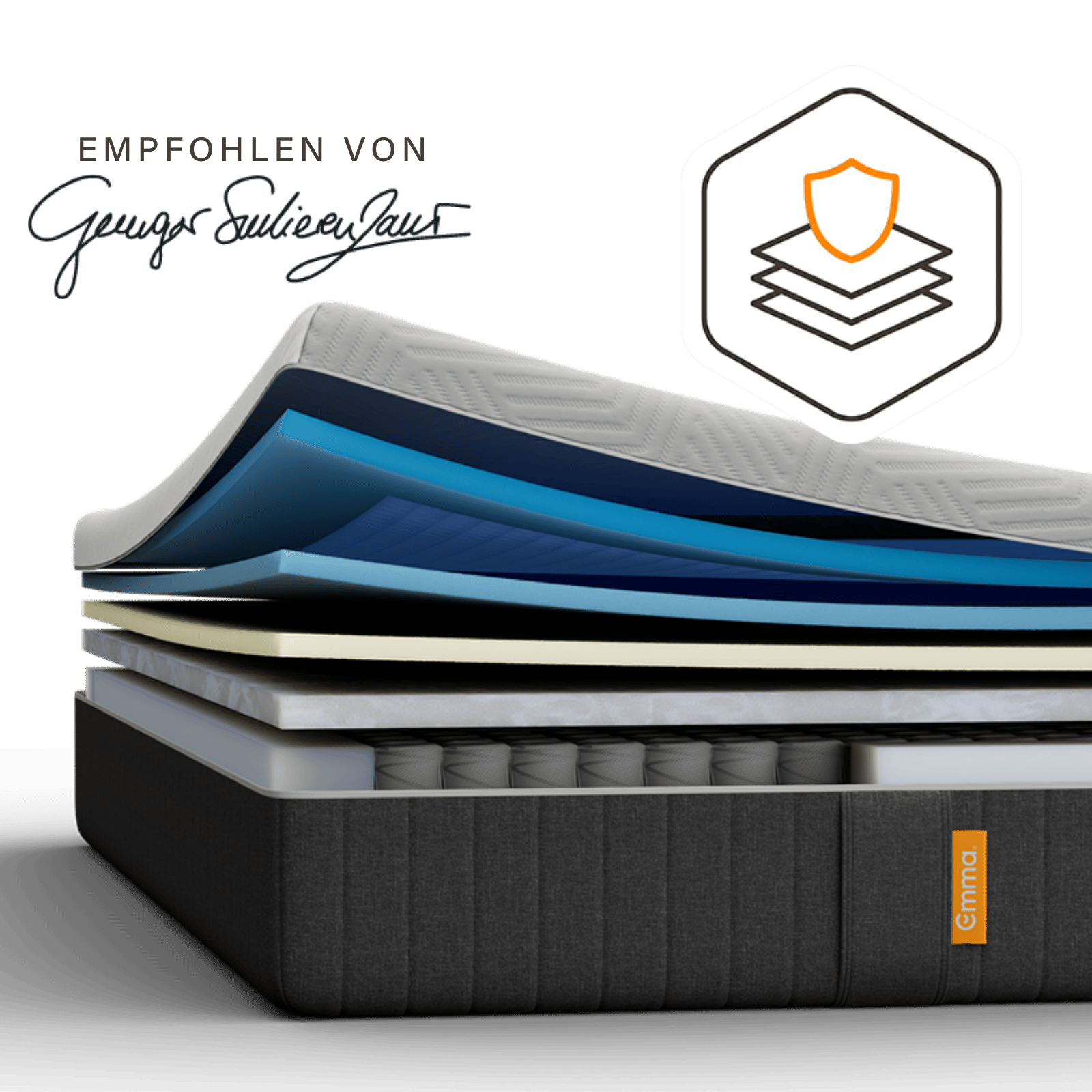 Weiße Emma Matratze auf einem gepolsterten Bett.