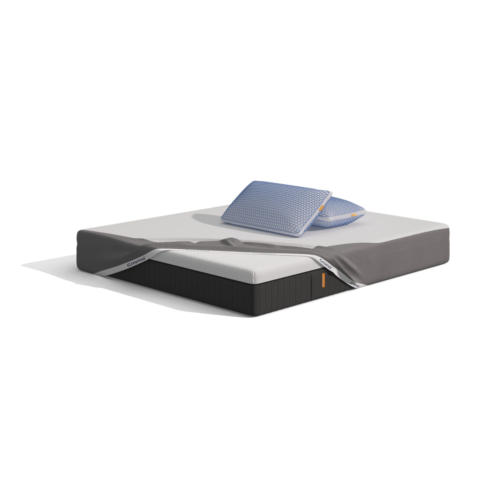 Uma imagem do pack Cooling Sleep, que inclui um colchão Emma Hybrid Premium, almofadas Zero Gravity, e uma capa protetora