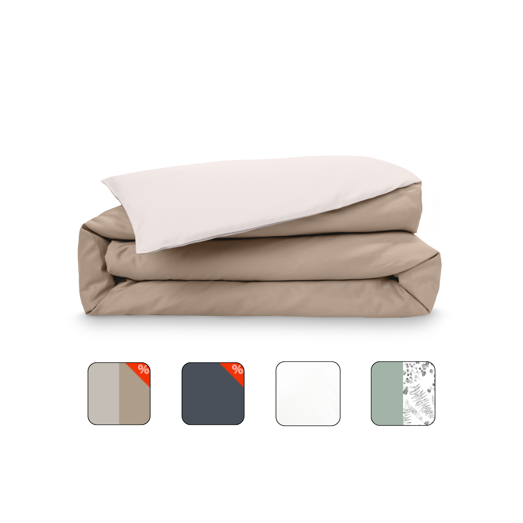 Uma imagem de uma capa de edredon dobrado em percal, em creme e bege, com um fundo branco