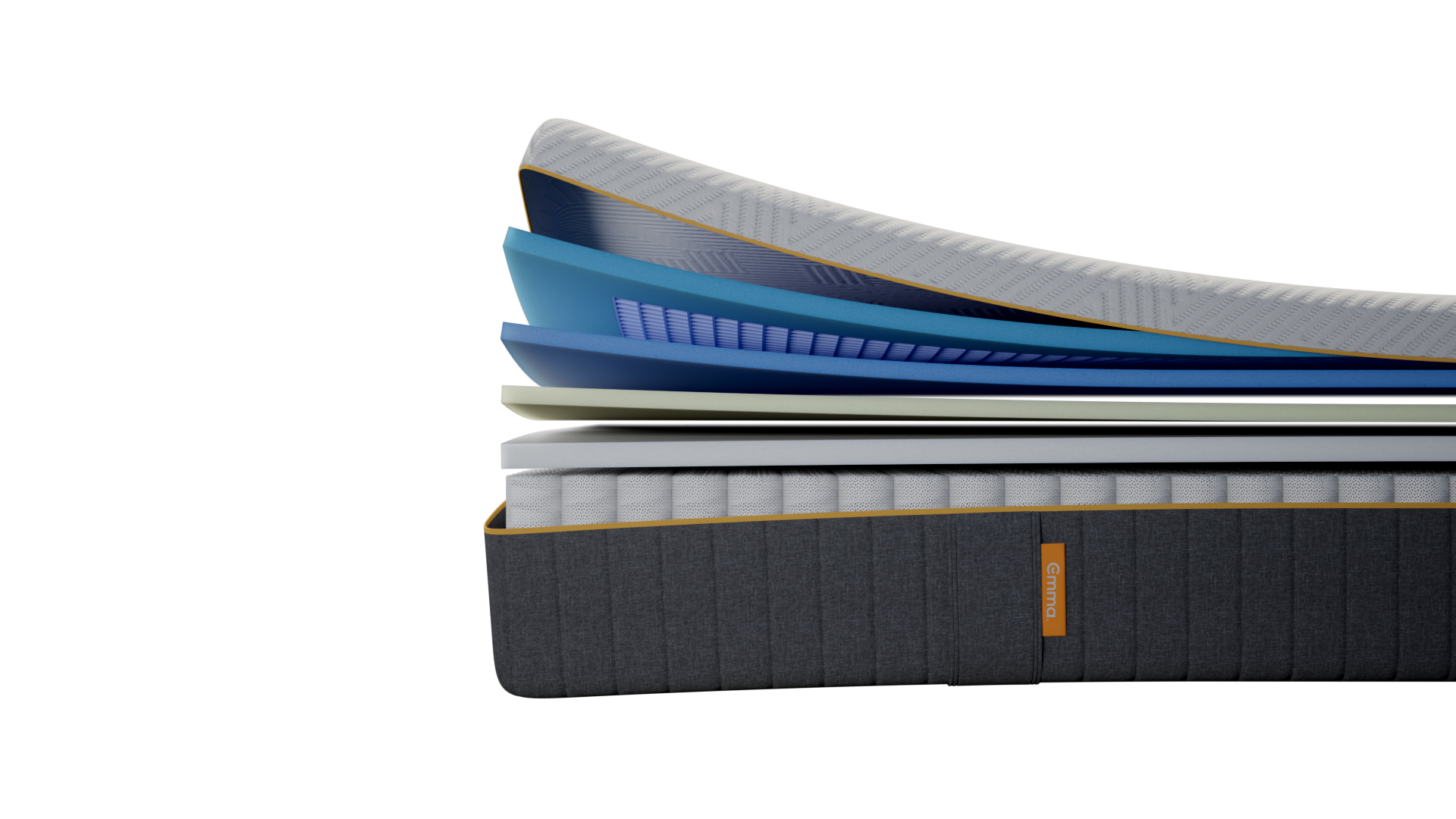 Sezione trasversale di materasso multistrato con base grigia e logo Emma