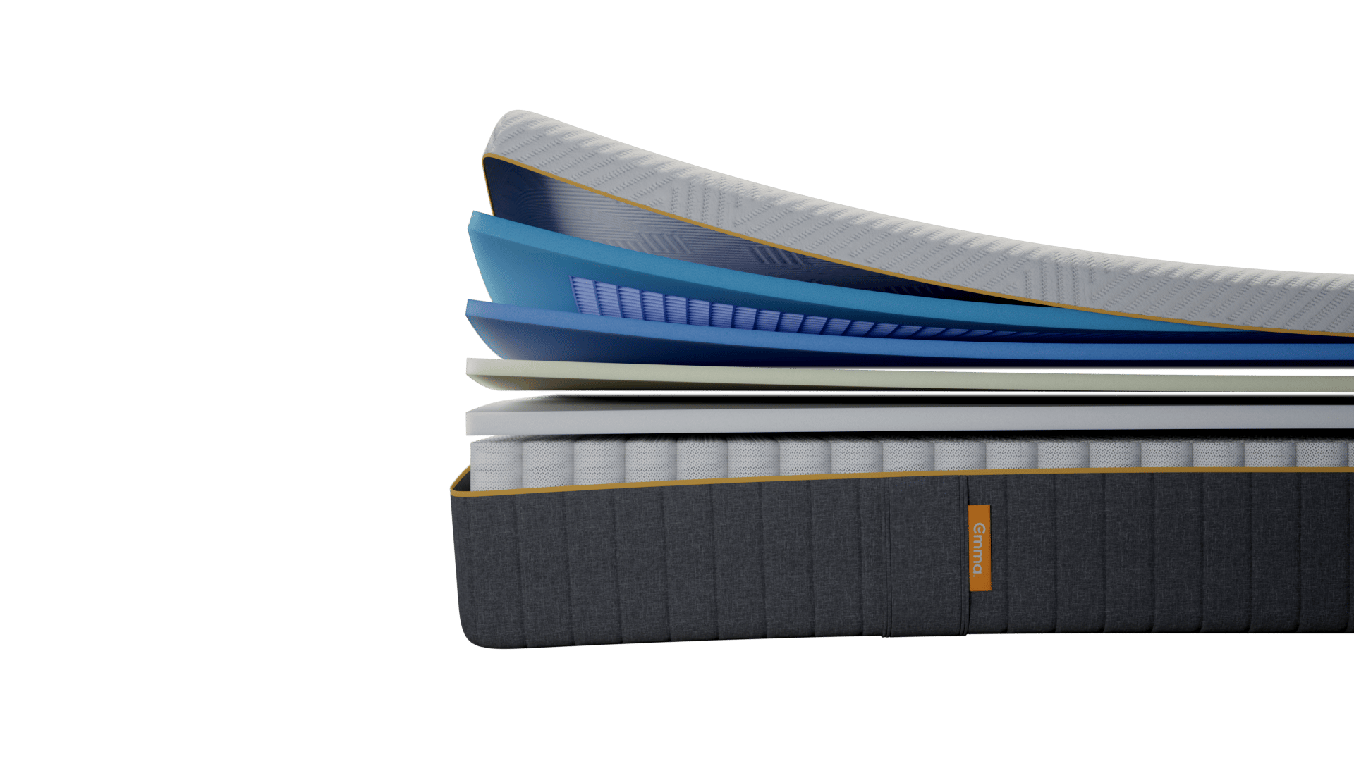 Sezione trasversale di materasso multistrato con base grigia e logo Emma