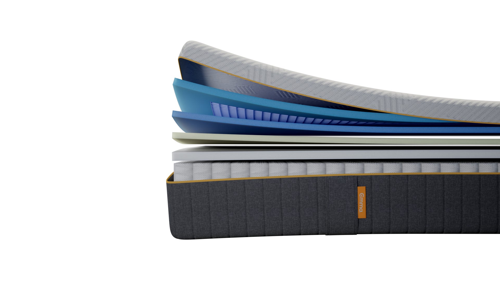 Sezione trasversale di materasso multistrato con base grigia e logo Emma