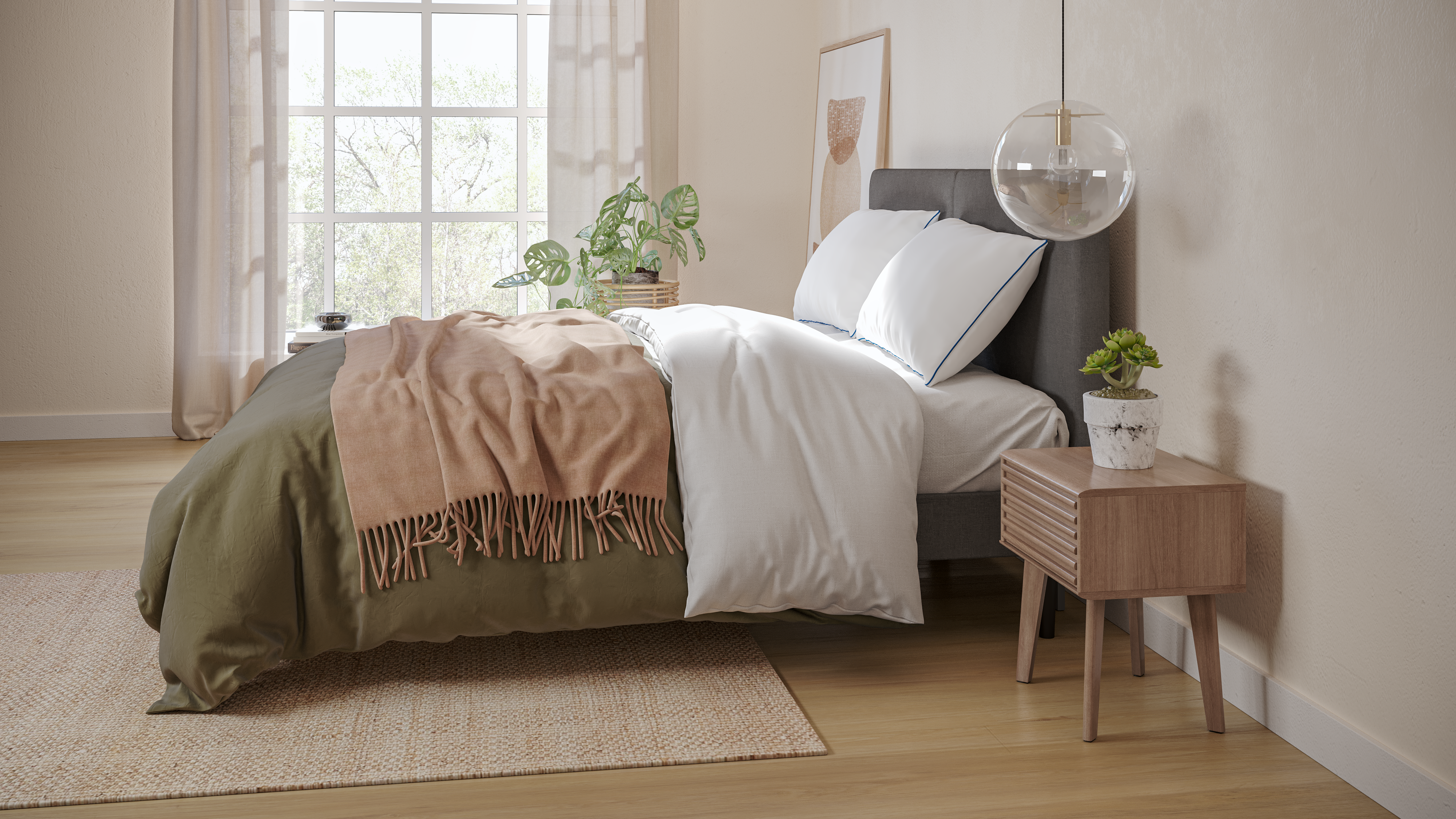 Emma Classic Flauschpolster auf einem bequemen Bett von der Seite