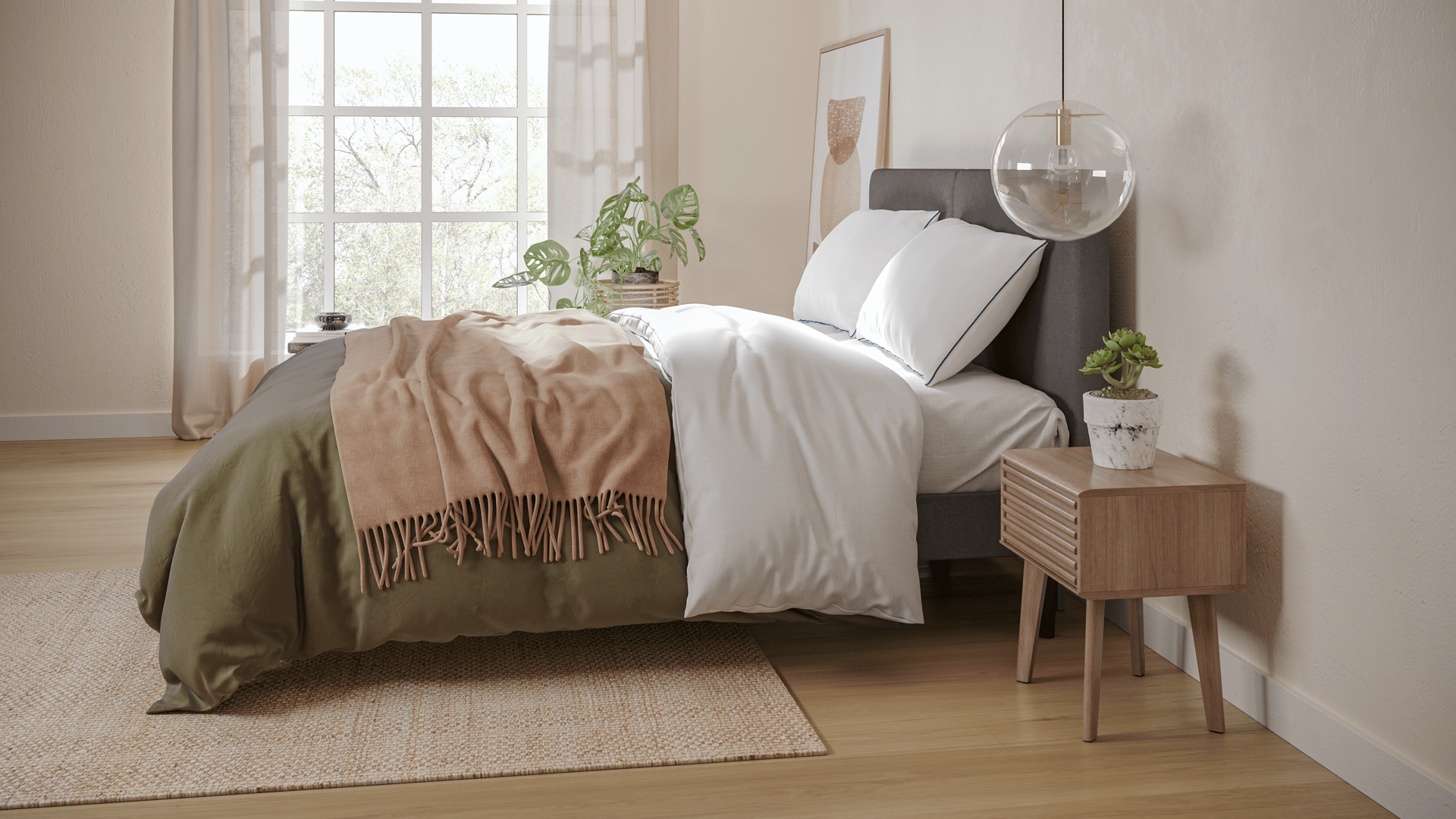 Emma Classic Flauschpolster auf einem bequemen Bett von der Seite