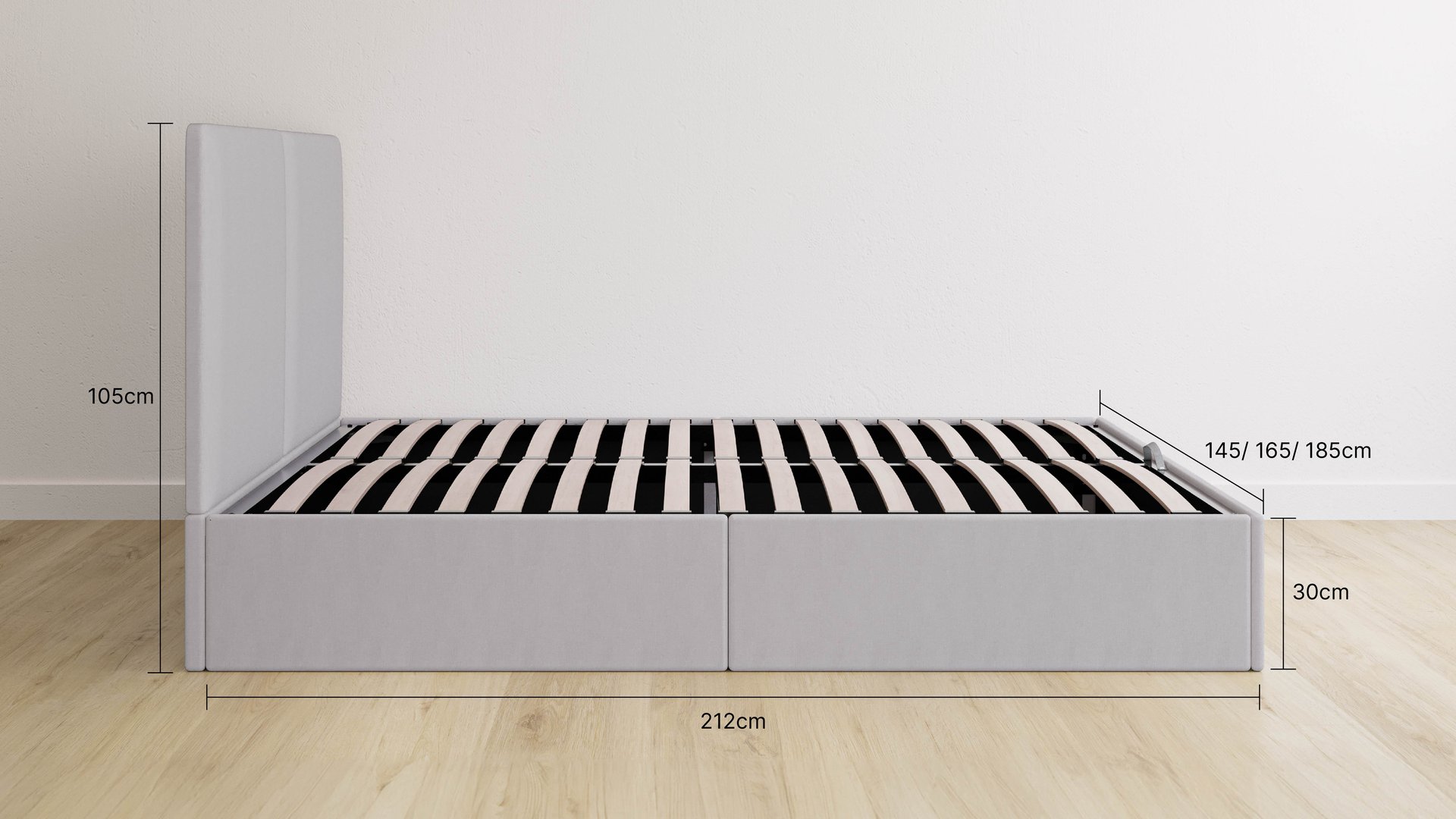 Lit Emma Coffre avec tête de lit rembourrée et deux tiroirs de rangement intégrés sous le sommier à lattes. Placé dans une pièce minimaliste avec sol en bois clair et mur blanc. Dimensions indiquées : hauteur tête de lit 105 cm, hauteur du cadre 30 cm, longueur 212 cm, largeur disponible 145, 165 ou 185 cm.
