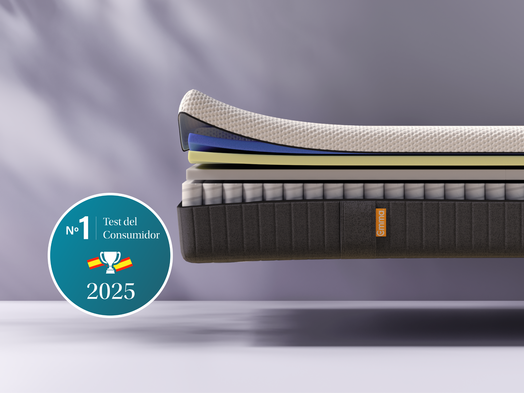 Colchon emma hybrid premium con el sello ganador del numero 1 del test del consumidor en azul 2025