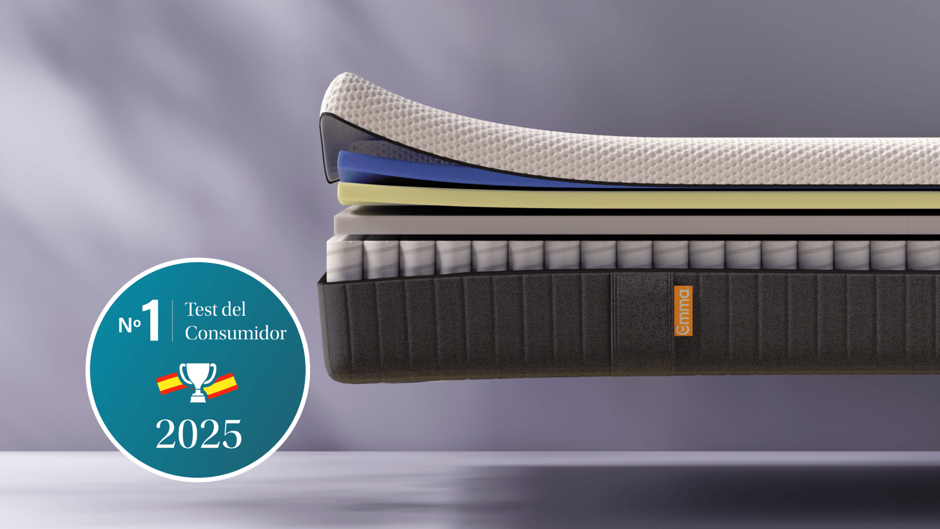 Colchon emma hybrid premium con el sello ganador del numero 1 del test del consumidor en azul 2025