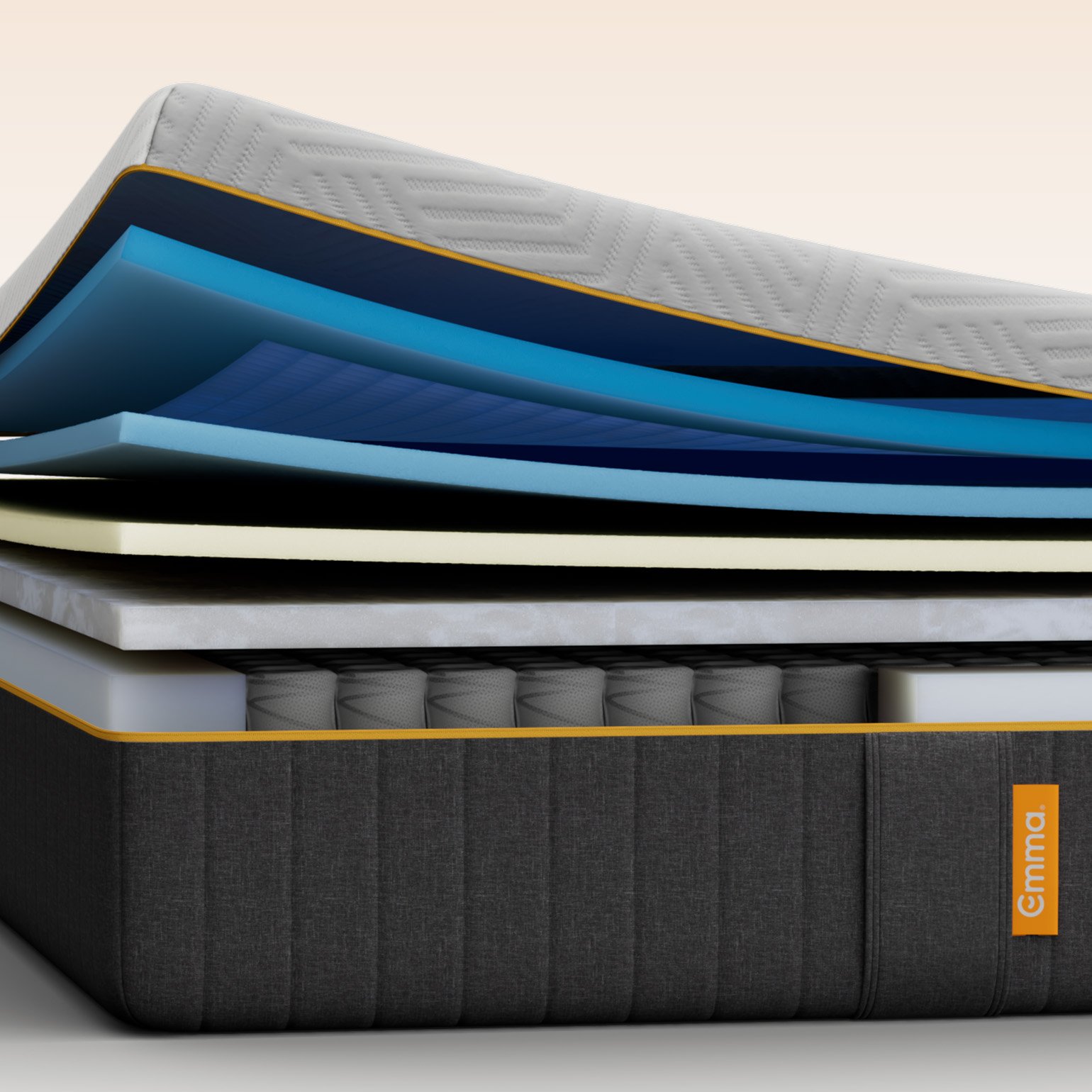 Emma Original Elite mattress layers view showing multiple foam and spring layers with dark grey fabric surround.