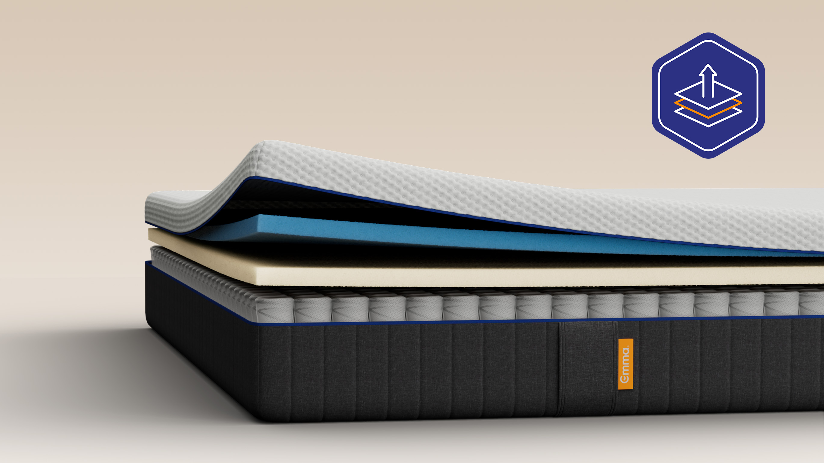 Vue en coupe du matelas Emma Hybride montrant ses couches de mousse à mémoire de forme et ses ressorts ensachés.