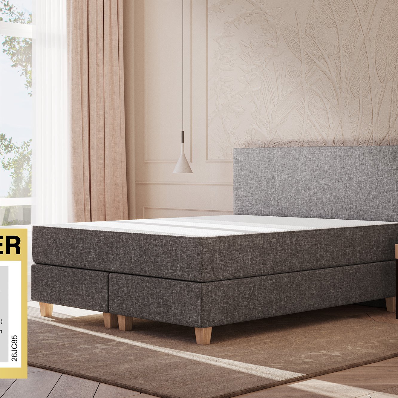 Emma Original Boxspringbett Komfort 140x200cm - dunkelgrau - Füße Holz - Kopfteil klassisch