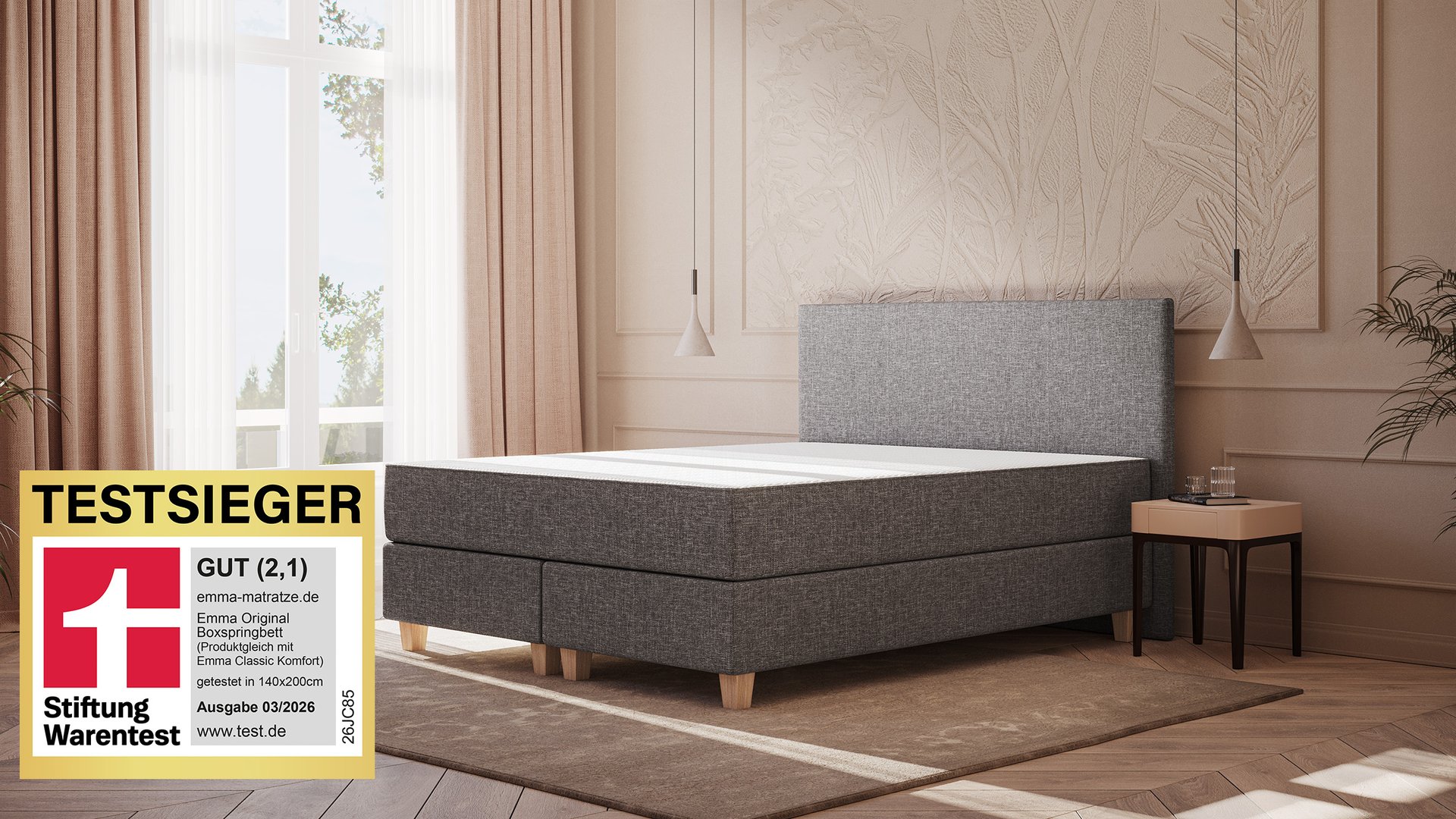 Emma Original Boxspringbett Komfort 140x200cm - dunkelgrau - Füße Holz - Kopfteil klassisch