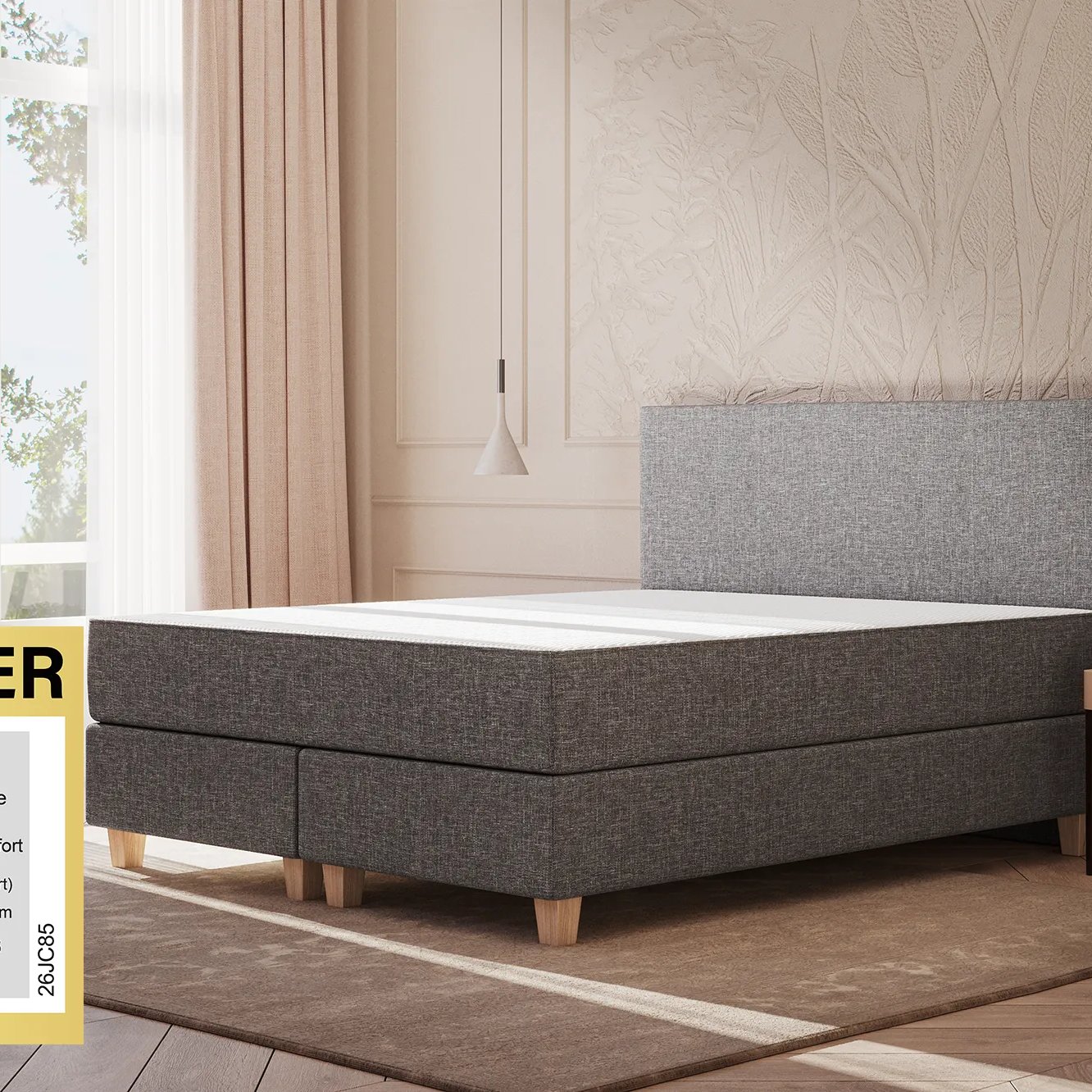 Emma Original Boxspringbett Komfort 140x200cm - dunkelgrau - Füße Holz - Kopfteil klassisch